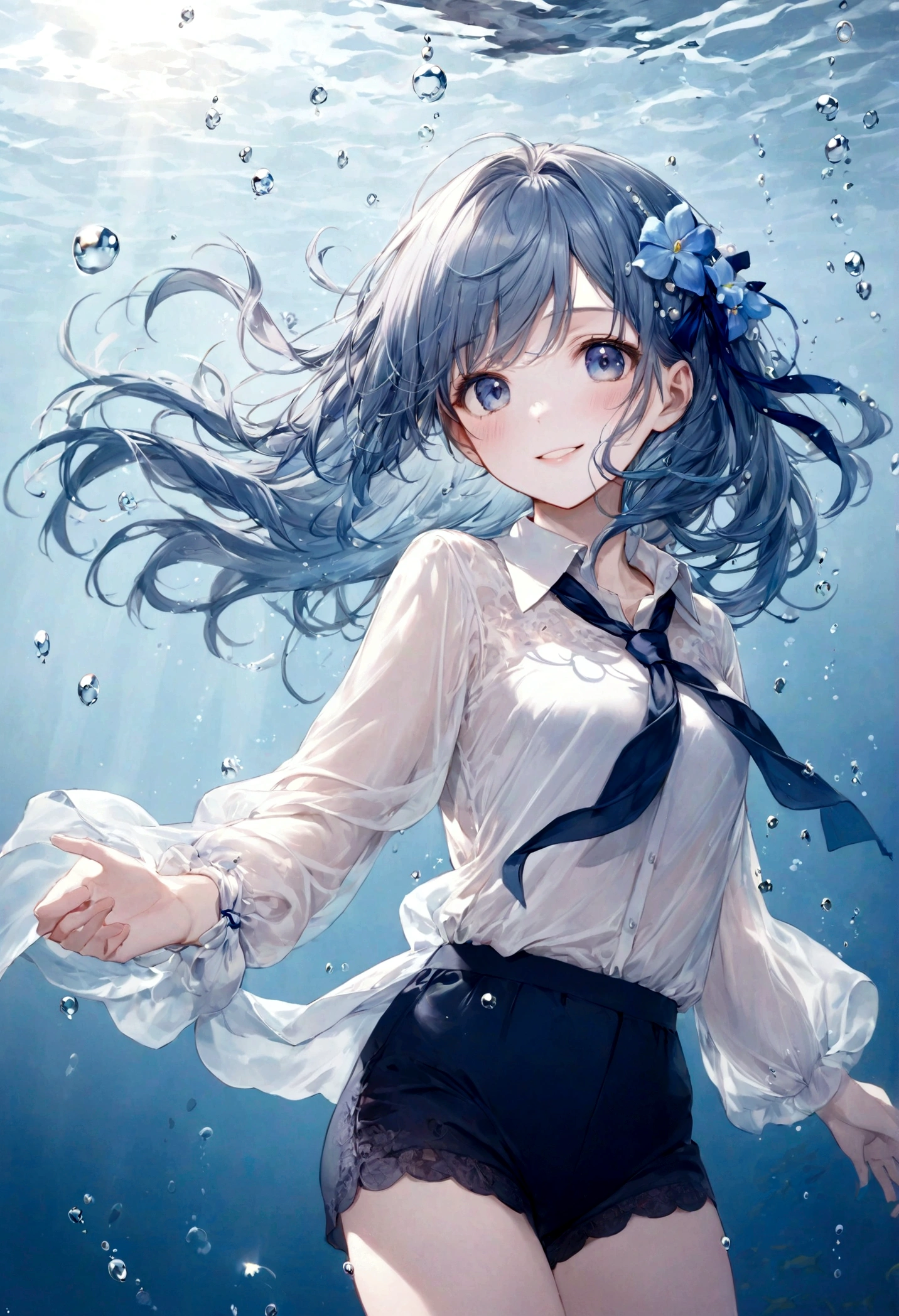 (top-quality)), ((​masterpiece)), ((ultra-detailliert)), (extremely delicate and beautiful), bright sky blue hair, watery hair, bright sapphire eyes, fair skin, beautiful woman, sheer white shirt, sheer silky navy blue shorts, navy blue ribbon tie, pearl decorations, underwater world, cold background, air bubbles, water bubbles, underwater, sweet smile, relaxed expression, delicate wavy long hair, blue and white flowers in the water