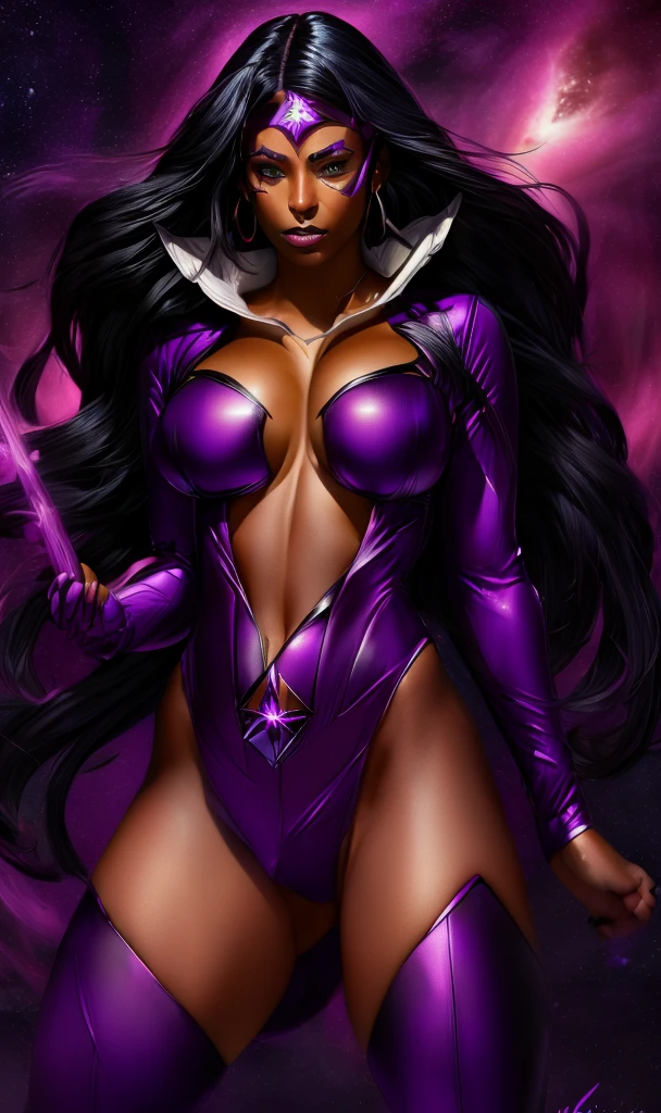 ((stsapph2024)) a beautiful black woman with ((black skin)), long black hair, (((wearing a violet suit))), floating in space, 5 detailed fingers, high quality, masterpiece, photorealistic, raw photo, depth of field, full body