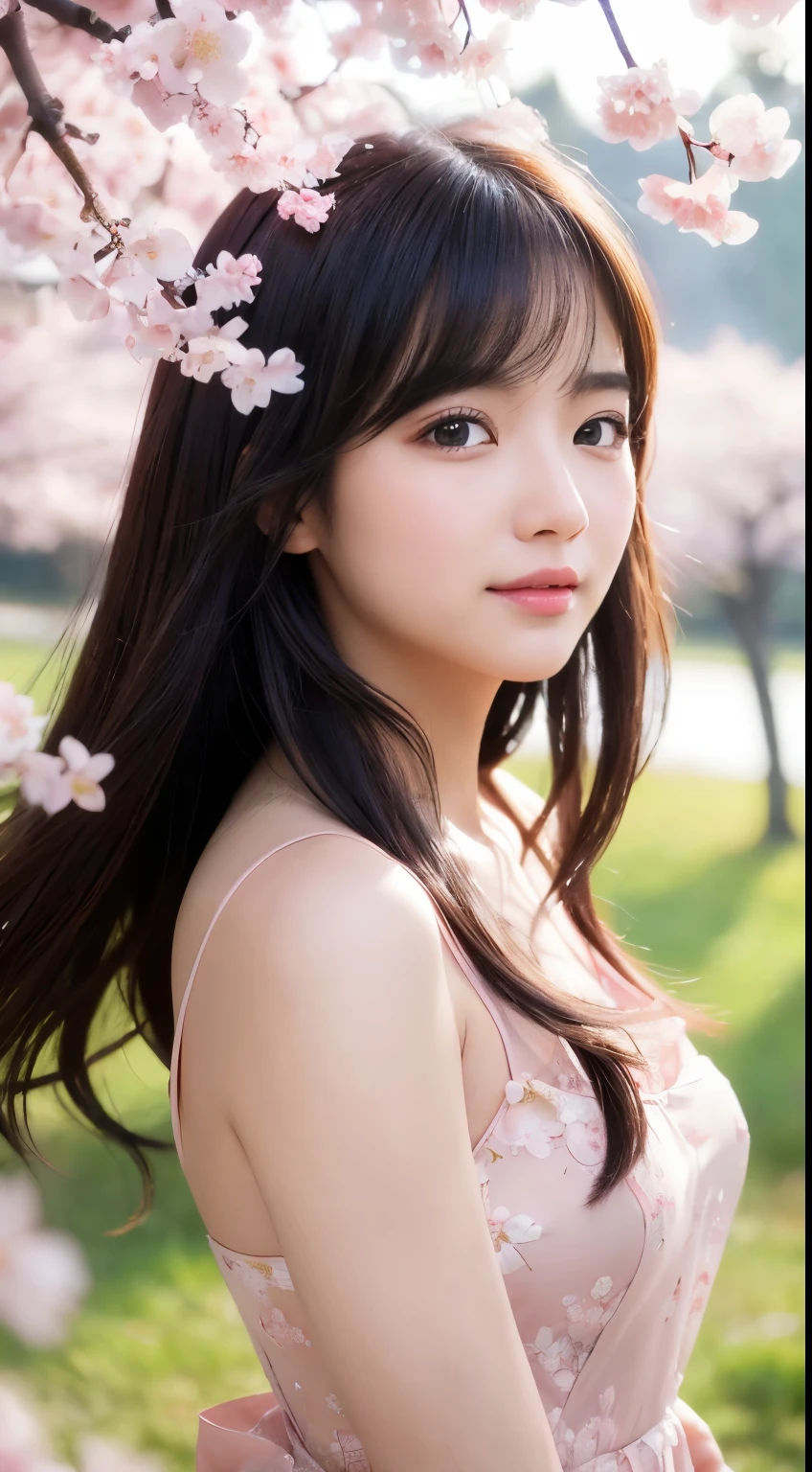 (logo、masterpiece、8k、Tabletop、RAW Photos、wonderful、最high quality、Photorealistic and Very detailed CG integrated 8k wallpaper、high quality、Very detailed、narrative poem、Particle Effects、Dynamic Effects、Depth of written boundary、Cinematic Light、Lens flare、Ray Tracing)、Fantasy、 (1 beauty、dress、dress、Cherry blossom pattern、Black-haired、Beautiful Face、True Face、Beautiful details、eye、Beautiful Skin)、my hair dances in Wind、Hair flutters in Wind、Hair bounces、Pink cherry blossom tree、Petals flutter、SakuraFubuki、wonderful景色、Morning Glow、Sun in the background、Wind、