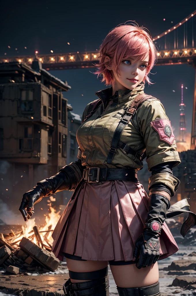  1girl,cowboy shot, beautiful nora_valkyrie, looking at viewer, smile, short hair, blue eyes, heart cutout, gloves,  jacket, pink skirt, pink belt, short sleeves, puffy sleeves, single armband, fingerless gloves, short hair, orange hair, pink gloves, dynamic pose, night, lightning, standing on old suspension bridge, river, post-apocalypse, dystopian future, crowd, (crowd in military uniforms), snow, bonfires, (volumetric lighting), best quality, masterpiece, intricate details, tonemapping, sharp focus, hyper detailed, trending on Artstation,