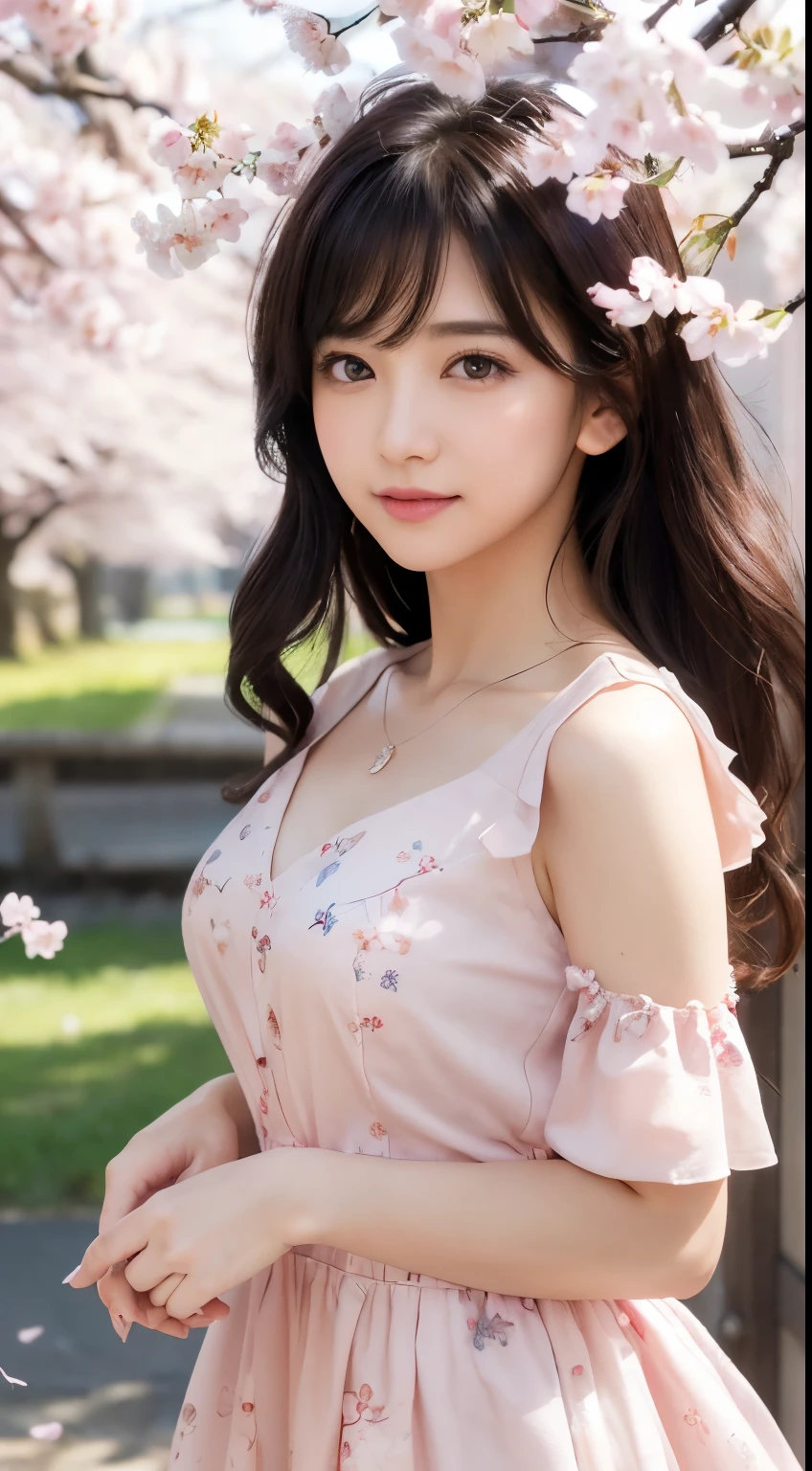 (logo、masterpiece、8k、Tabletop、RAW Photos、wonderful、最high quality、Photorealistic and Very detailed CG integrated 8k wallpaper、high quality、Very detailed、narrative poem、Particle Effects、Dynamic Effects、Depth of written boundary、Cinematic Light、Lens flare、Ray Tracing)、Fantasy、 (1 beauty、dress、dress、Cherry blossom pattern、Black-haired、Beautiful Face、True Face、Beautiful details、eye、Beautiful Skin)、my hair dances in Wind、Hair flutters in Wind、Hair bounces、Pink cherry blossom tree、Petals flutter、SakuraFubuki、wonderful景色、Morning Glow、Sun in the background、Wind、