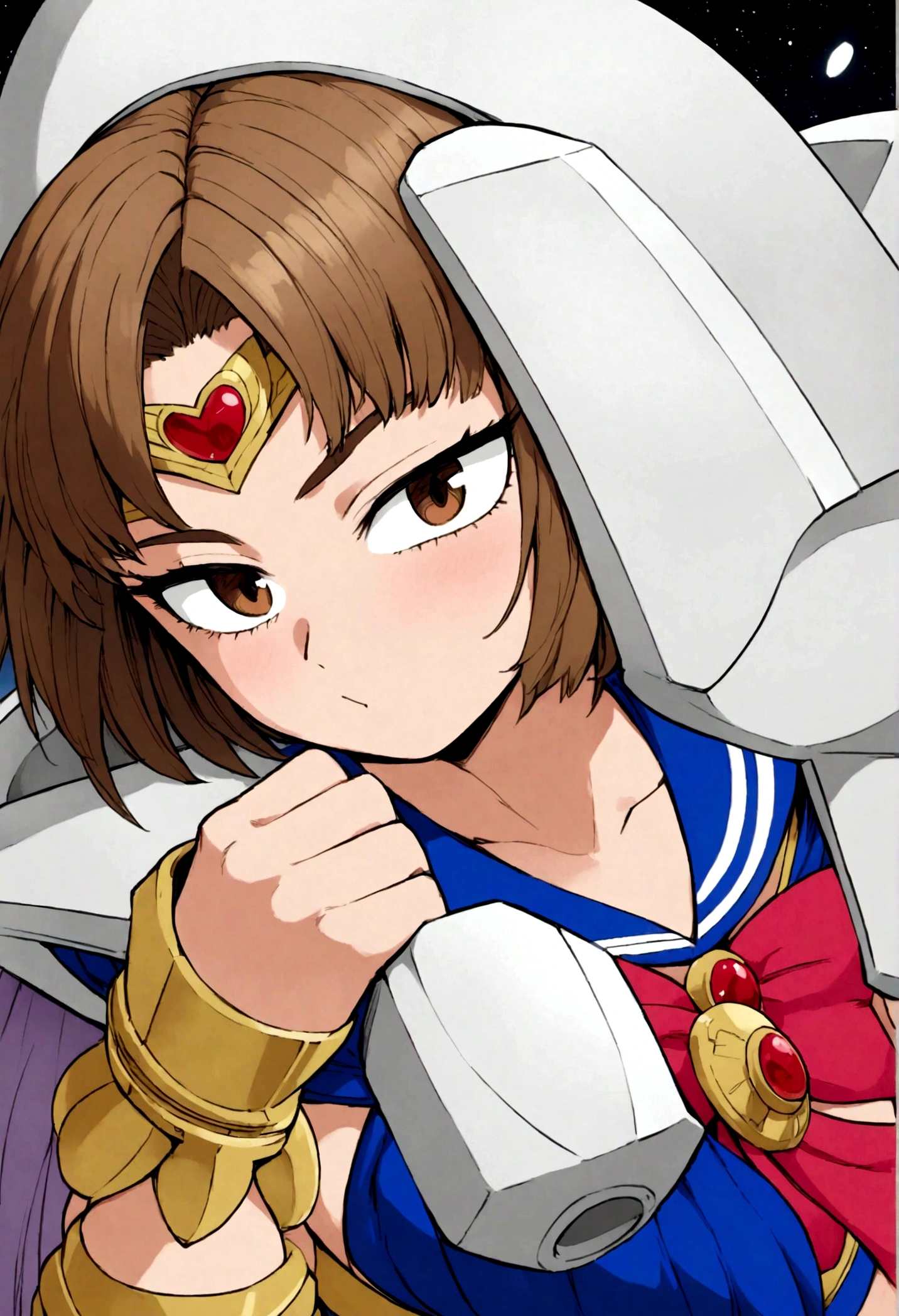 boku no hero academia style, semi-long brown hair, brown eyes, goddess of the moon,  sailor saturn costume (sailor moon)