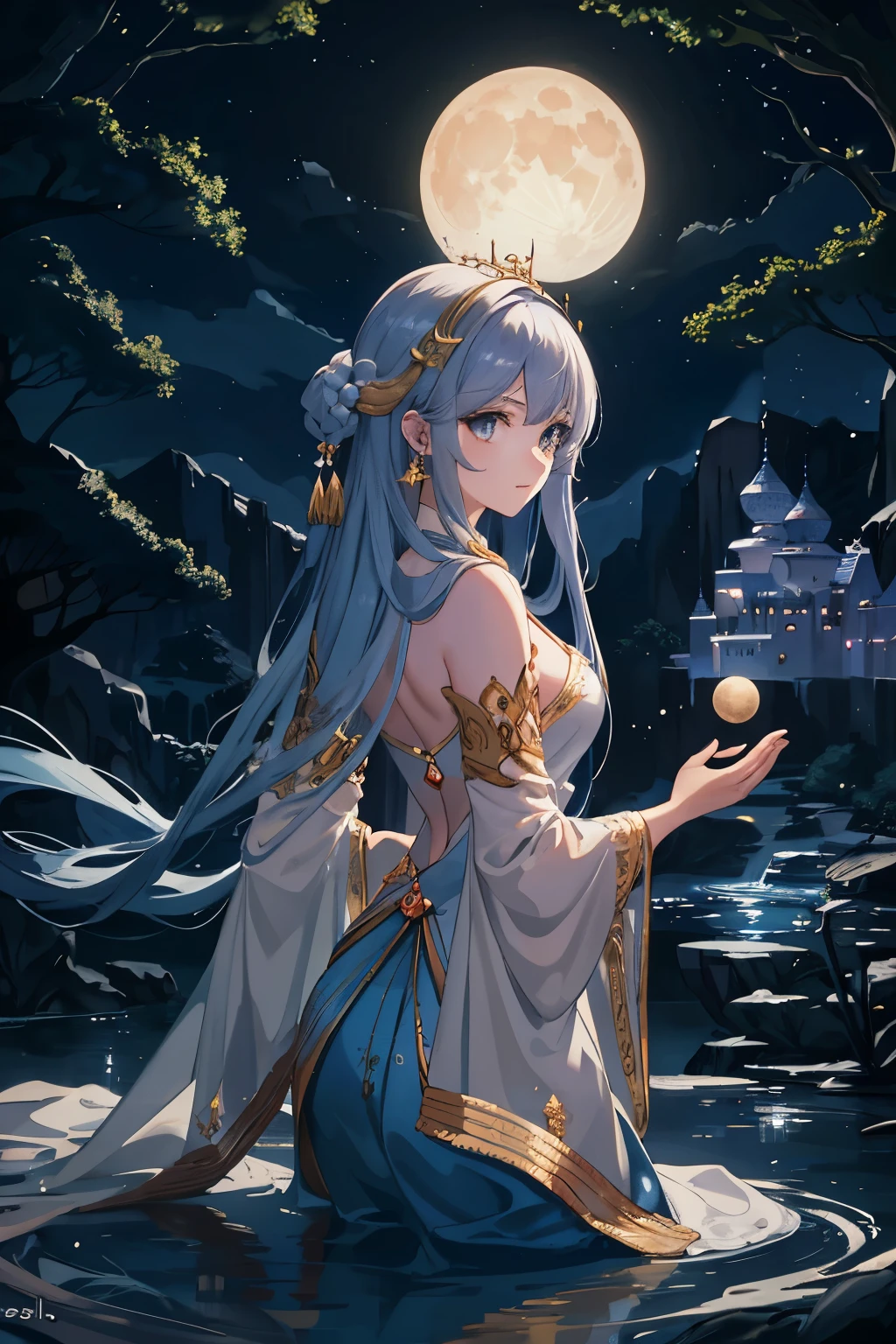 "Moon Palace, Sacred Moon Palace, Night Scene, Starry Sky, Lunar Palace, Waterfalls, Moon Castle, Celestial Moon, Masterpiece, Best Quality, 8K
Detailed, moonlit palace with grand architecture, intricate celestial motifs, flowing waterfalls cascading down, soft glow of the moon illuminating the palace, starry night sky overhead, clean lines and fine painting, realistic and ultra-detailed, atmospheric and dreamy, muted tones of the moonlight, dynamic light and shadow, sharp focus, depth of field, celestial beauty echoing the moon's splendor, created by Midoru."