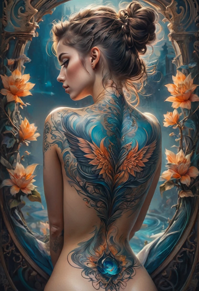 neck Tattoo, upbody, backview, from above, detailed background, by Peter Mohrbacher and Brandon Woelfel, best quality, masterpiece, very aesthetic, perfect composition, intricate details, ultra-detailed