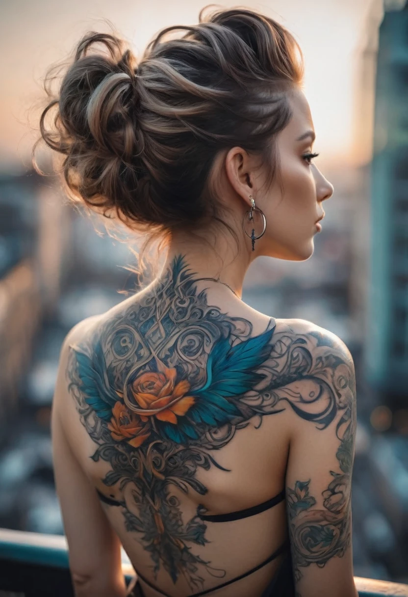 neck Tattoo, upbody, backview, from above, detailed background, by Peter Mohrbacher and Brandon Woelfel, best quality, masterpiece, very aesthetic, perfect composition, intricate details, ultra-detailed