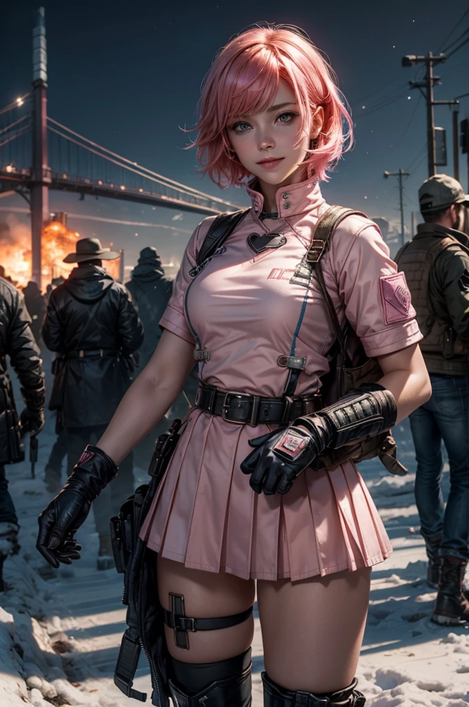  1girl,cowboy shot, beautiful nora_valkyrie, looking at viewer, smile, short hair, blue eyes, heart cutout, gloves,  jacket, pink skirt, pink belt, short sleeves, puffy sleeves, single armband, fingerless gloves, short hair, orange hair, pink gloves, dynamic pose, night, lightning, standing on old suspension bridge, river, post-apocalypse, dystopian future, crowd, (crowd in military uniforms), snow, bonfires, (volumetric lighting), best quality, masterpiece, intricate details, tonemapping, sharp focus, hyper detailed, trending on Artstation,