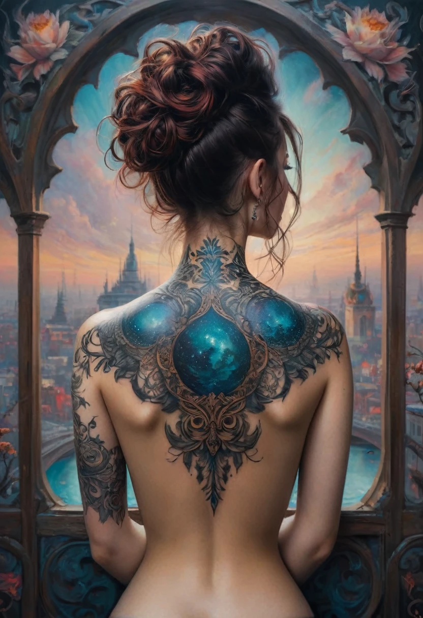 neck Tattoo, upbody, backview, from above, detailed background, by Gerald Brom and Brandon Woelfel, best quality, masterpiece, very aesthetic, perfect composition, intricate details, ultra-detailed