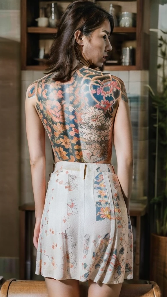 masuter piece, top-quality, masterpiece, hight resolution, Photorealsitic, Raw photography, 8k wallpaper, flawless, profetional lighting, ighly detailed, depth of fields, ((One beautiful woman)), ((40 years)), Female sexy, Classroom, ((Theta, flered skirt)), Detailed face, beautidful eyes, bangss, small breasts of good shape, Light Brown Straight Hair, Faint lips, ((Stand with your back turned and look at the viewer with a serious face)), knee out of frame, show full body yakuza tattoo, (show her back:1.2)