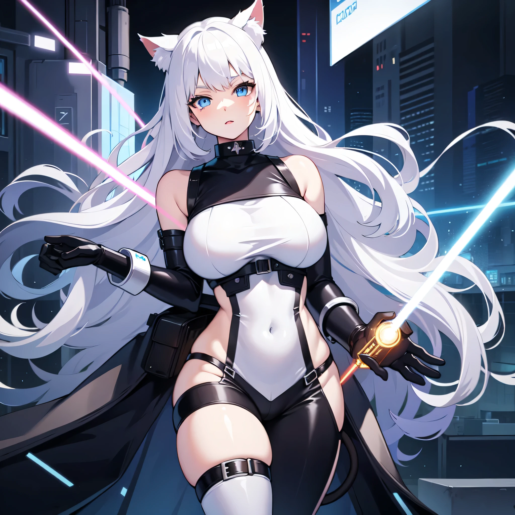 Cat girl, white hair, blue eyes, big beautiful breasts, tight Sci-fi suit, laser pistol in hand, on a dark background, full-length, pixel art