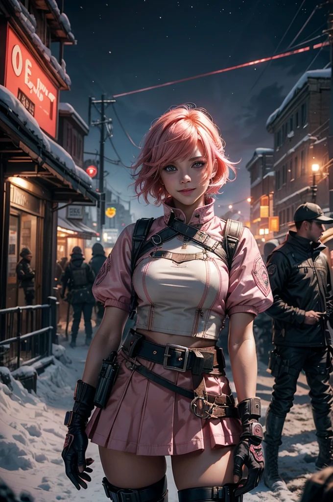 1girl,cowboy shot, beautiful nora_valkyrie, looking at viewer, smile, short hair, blue eyes, heart cutout, gloves, jacket, pink skirt, pink belt, short sleeves, puffy sleeves, single armband, fingerless gloves, short hair, orange hair, pink gloves, dynamic pose, night, lightning, standing on old suspension bridge, river, post-apocalypse, dystopian future, crowd, (crowd in military uniforms), snow, bonfires, (volumetric lighting), best quality, masterpiece, intricate details, tonemapping, sharp focus, hyper detailed, trending on Artstation,
