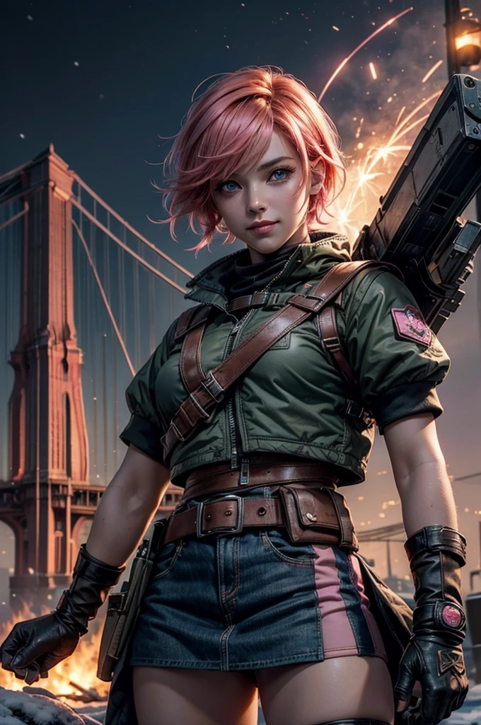 1girl,cowboy shot, beautiful nora_valkyrie, looking at viewer, smile, short hair, blue eyes, heart cutout, gloves, jacket, pink skirt, pink belt, short sleeves, puffy sleeves, single armband, fingerless gloves, short hair, orange hair, pink gloves, dynamic pose, night, lightning, standing on old suspension bridge, river, post-apocalypse, dystopian future, crowd, (crowd in military uniforms), snow, bonfires, (volumetric lighting), best quality, masterpiece, intricate details, tonemapping, sharp focus, hyper detailed, trending on Artstation,