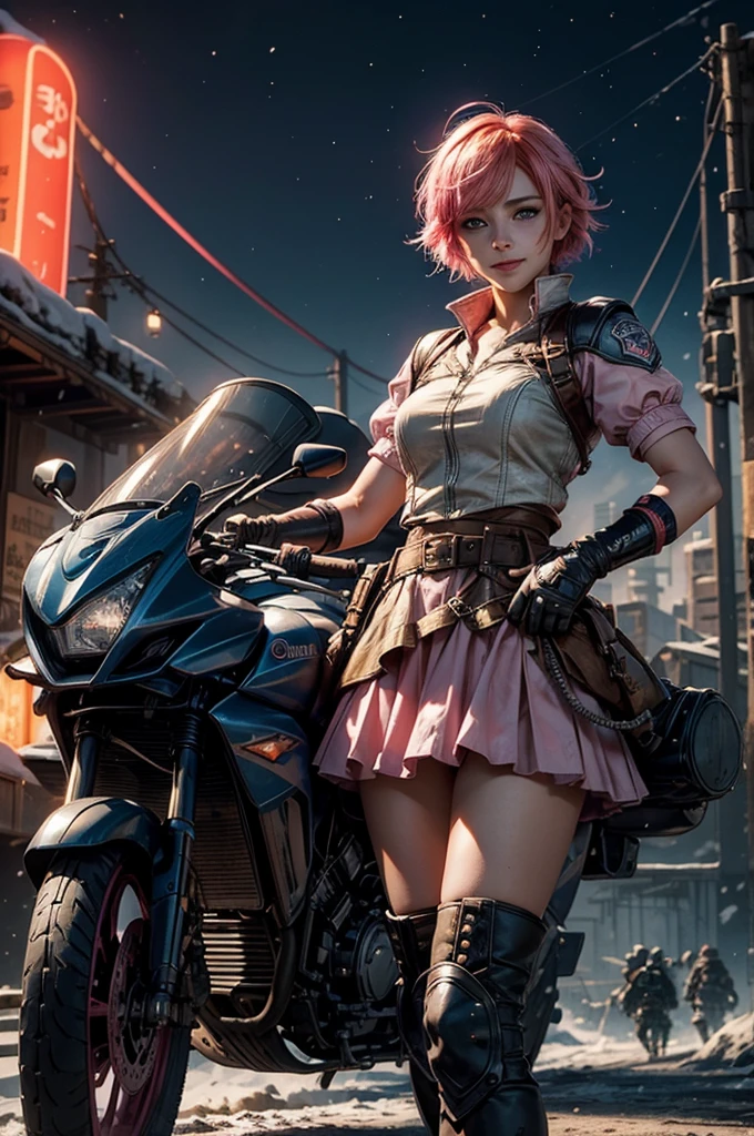 1girl,cowboy shot, beautiful nora_valkyrie, looking at viewer, smile, short hair, blue eyes, heart cutout, gloves, jacket, pink skirt, pink belt, short sleeves, puffy sleeves, single armband, fingerless gloves, short hair, orange hair, pink gloves, dynamic pose, night, lightning, standing on old suspension bridge, river, post-apocalypse, dystopian future, crowd, (crowd in military uniforms), snow, bonfires, (volumetric lighting), best quality, masterpiece, intricate details, tonemapping, sharp focus, hyper detailed, trending on Artstation,