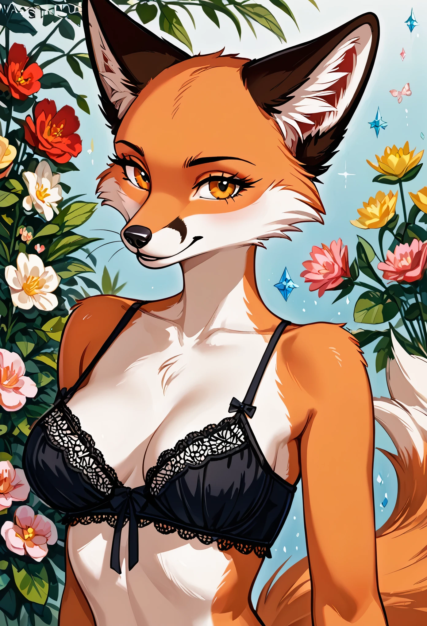 (hi res), ((Masterpiece)) , ((Best Quality)), illustartion, woman's, Fox, average breasts, upper body, furry, modest, with lace lingerie,