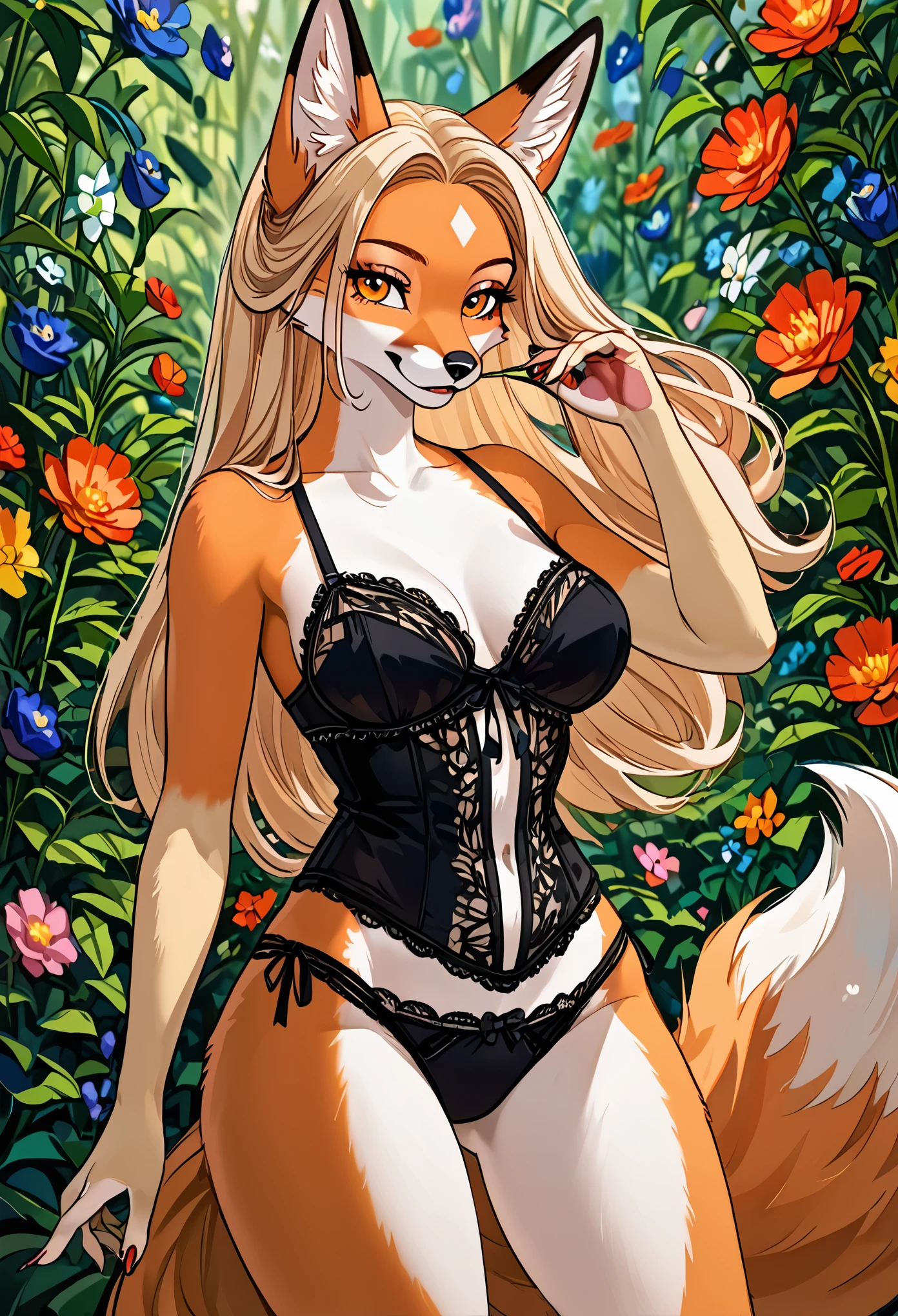 (hi res), ((Masterpiece)) , ((Best Quality)), illustartion, woman's, Fox, average breasts, upper body, furry, modest, with lace lingerie,