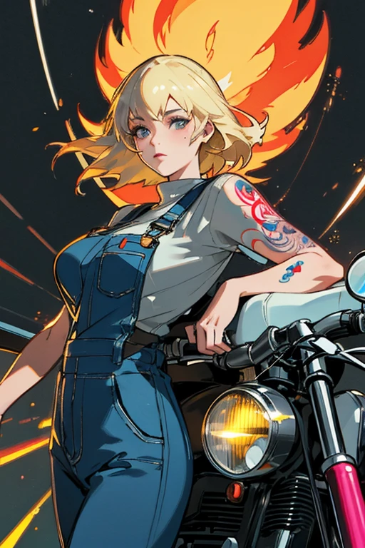 (ultra realistic, highly detailed:1.4), best quality, masterpiece, perfect face,
girl, blond, disney princesses, tattoos, alternitive style, overalls, motorcycle, neon lights, tokyo, autumn, large breasts