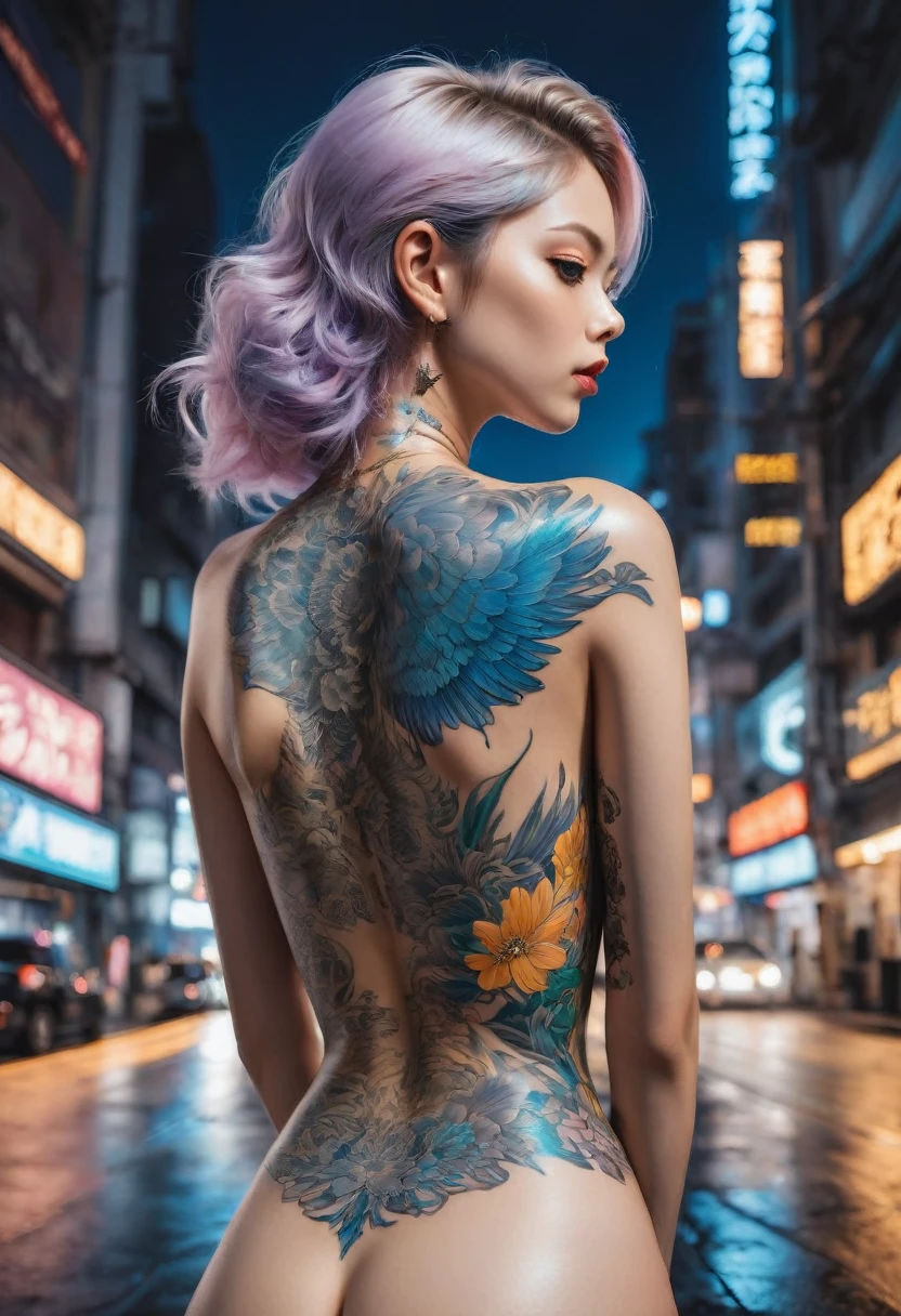 neck Tattoo, upbody, backview, from above, detailed background, by hajime sorayama and Brandon Woelfel, best quality, masterpiece, very aesthetic, perfect composition, intricate details, ultra-detailed
