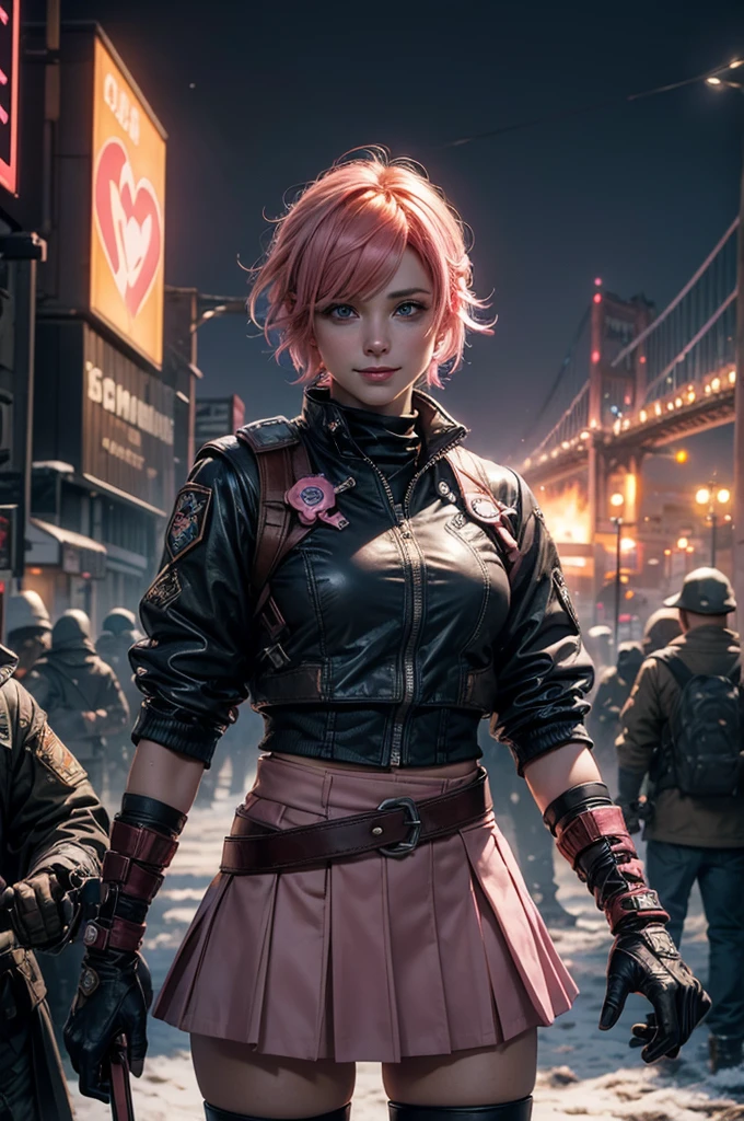 1girl,cowboy shot, beautiful nora_valkyrie, looking at viewer, smile, short hair, blue eyes, heart cutout, gloves, jacket, pink skirt, pink belt, short sleeves, puffy sleeves, single armband, fingerless gloves, short hair, orange hair, pink gloves, dynamic pose, night, lightning, standing on old suspension bridge, river, post-apocalypse, dystopian future, crowd, (crowd in military uniforms), snow, bonfires, (volumetric lighting), best quality, masterpiece, intricate details, tonemapping, sharp focus, hyper detailed, trending on Artstation,