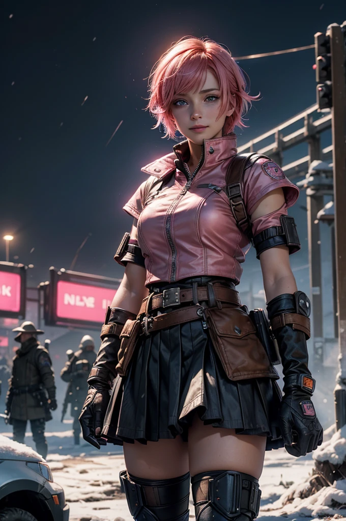  1girl,cowboy shot, beautiful nora_valkyrie, looking at viewer, smile, short hair, blue eyes, heart cutout, gloves,  jacket, pink skirt, pink belt, short sleeves, puffy sleeves, single armband, fingerless gloves, short hair, orange hair, pink gloves, dynamic pose, night, lightning, standing on old suspension bridge, river, post-apocalypse, dystopian future, crowd, (crowd in military uniforms), snow, bonfires, (volumetric lighting), best quality, masterpiece, intricate details, tonemapping, sharp focus, hyper detailed, trending on Artstation,