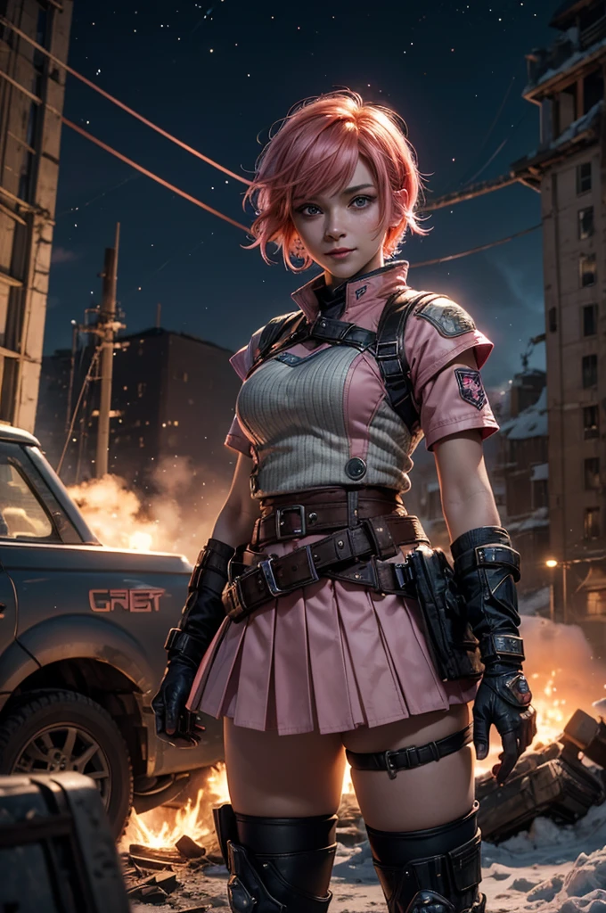 1girl,cowboy shot, beautiful nora_valkyrie, looking at viewer, smile, short hair, blue eyes, heart cutout, gloves, jacket, pink skirt, pink belt, short sleeves, puffy sleeves, single armband, fingerless gloves, short hair, orange hair, pink gloves, dynamic pose, night, lightning, standing on old suspension bridge, river, post-apocalypse, dystopian future, crowd, (crowd in military uniforms), snow, bonfires, (volumetric lighting), best quality, masterpiece, intricate details, tonemapping, sharp focus, hyper detailed, trending on Artstation,