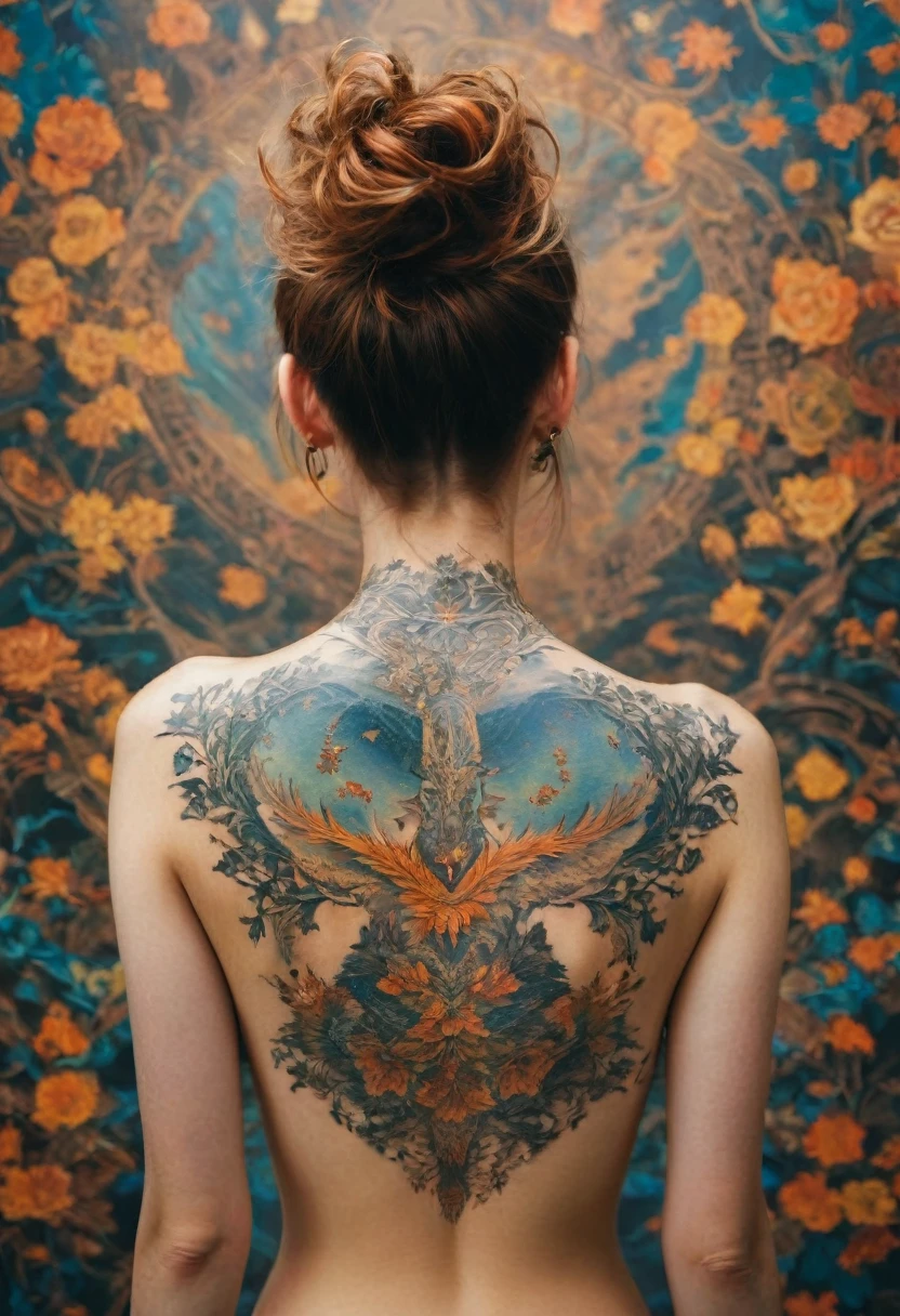 neck Tattoo, upbody, backview, from above, detailed background, by Ryan McGinley, best quality, masterpiece, very aesthetic, perfect composition, intricate details, ultra-detailed