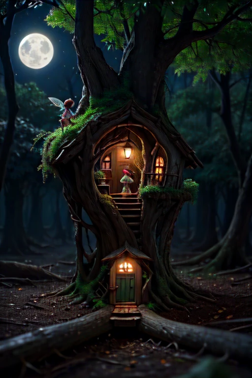 (((masterpiece))), (((nighttime))), (((dark))), moon, moonlight, whimsical, fantasy, deep in forest, (((tree cover))), fairytale BREAK magical tiny fairy door built into base of (((big tree))), tiny flowers, interesting details BREAK (((tiny fairies))), partially open, behold the mystery, stunningly beautiful, highly detailed, absurdes, bokeh