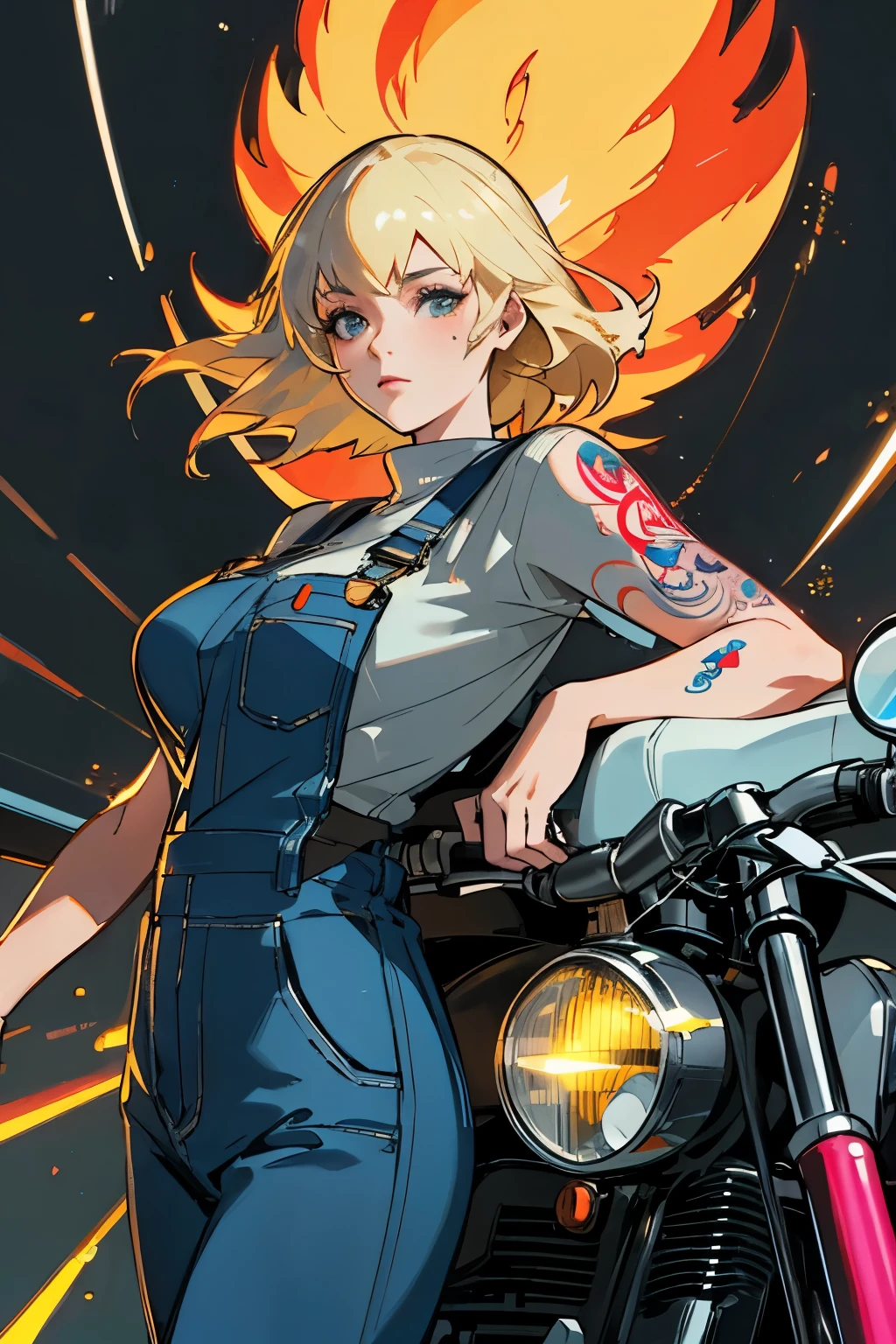 (ultra realistic, highly detailed:1.4), best quality, masterpiece, perfect face,
girl, blond, disney princesses, tattoos, alternitive style, overalls, motorcycle, neon lights, tokyo, autumn, large breasts