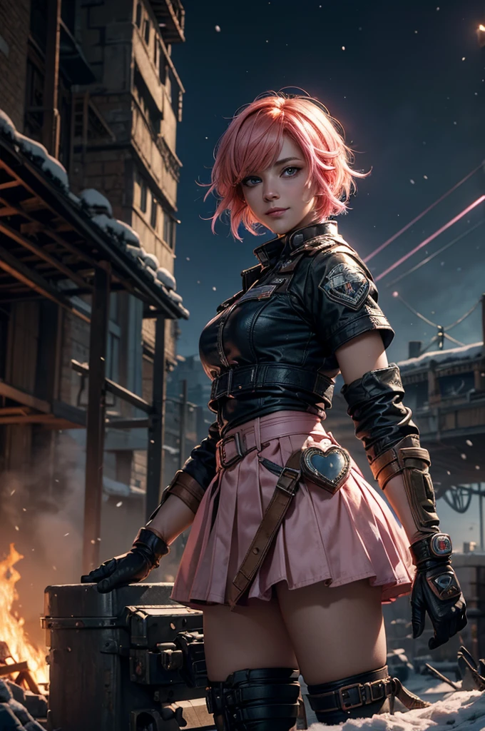  1girl,cowboy shot, beautiful nora_valkyrie, looking at viewer, smile, short hair, blue eyes, heart cutout, gloves,  jacket, pink skirt, pink belt, short sleeves, puffy sleeves, single armband, fingerless gloves, short hair, orange hair, pink gloves, dynamic pose, night, lightning, standing on old suspension bridge, river, post-apocalypse, dystopian future, crowd, (crowd in military uniforms), snow, bonfires, (volumetric lighting), best quality, masterpiece, intricate details, tonemapping, sharp focus, hyper detailed, trending on Artstation,