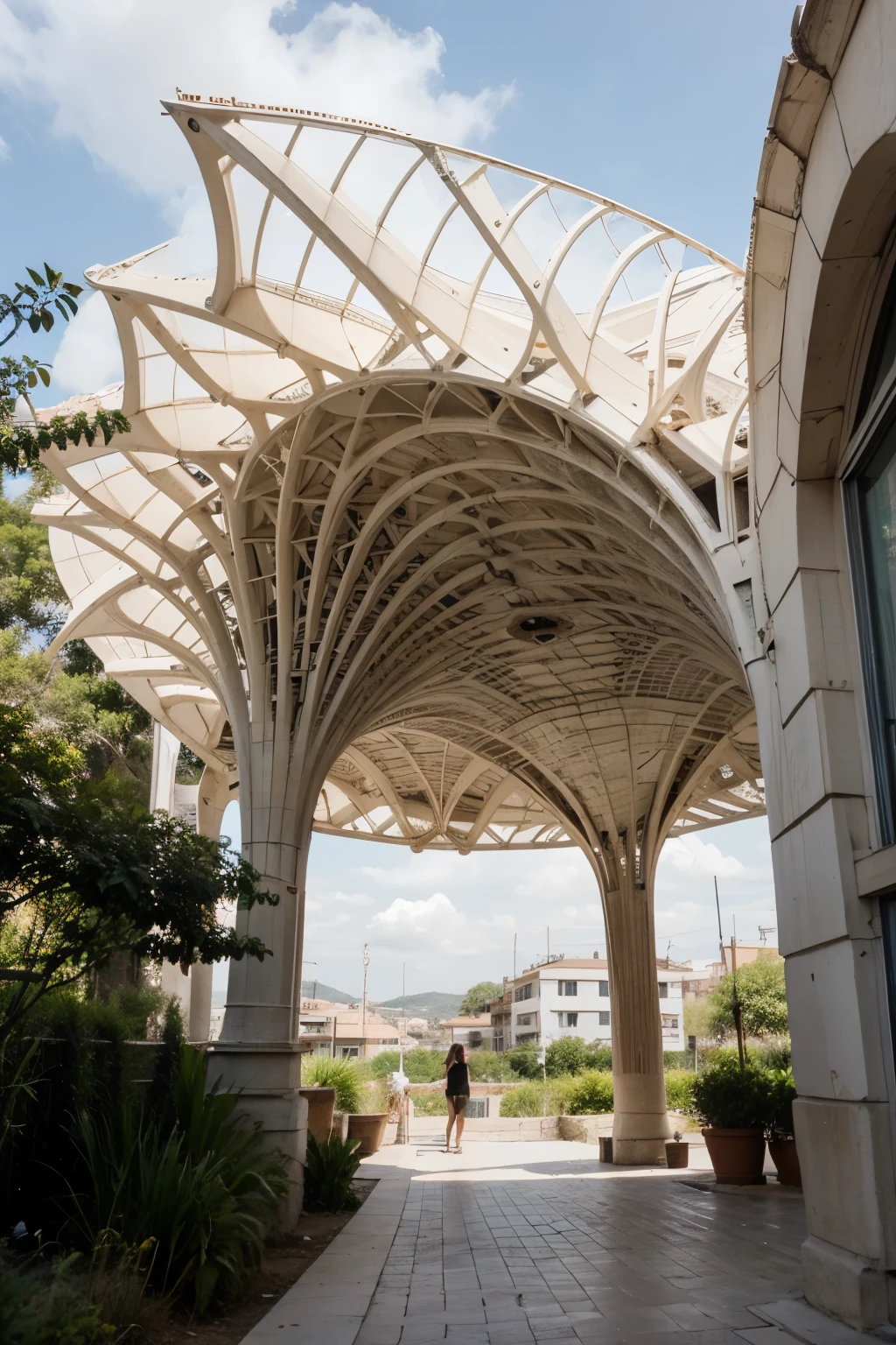 make me an architectural pavilion with the inspiration of the Ñirre tree from Chile with the style of the metropol parasol in Spain, influenced by antonio o'connell art with the views of luis barragán recovered architecture with gabriel dawe type of exhibitions