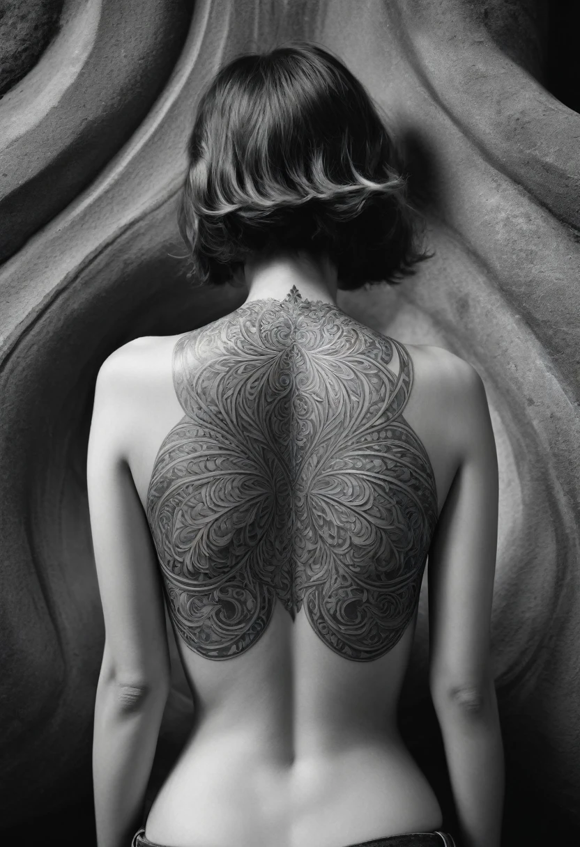 neck Tattoo, upbody, backview, from above, detailed background, by Edward Weston, best quality, masterpiece, very aesthetic, perfect composition, intricate details, ultra-detailed
