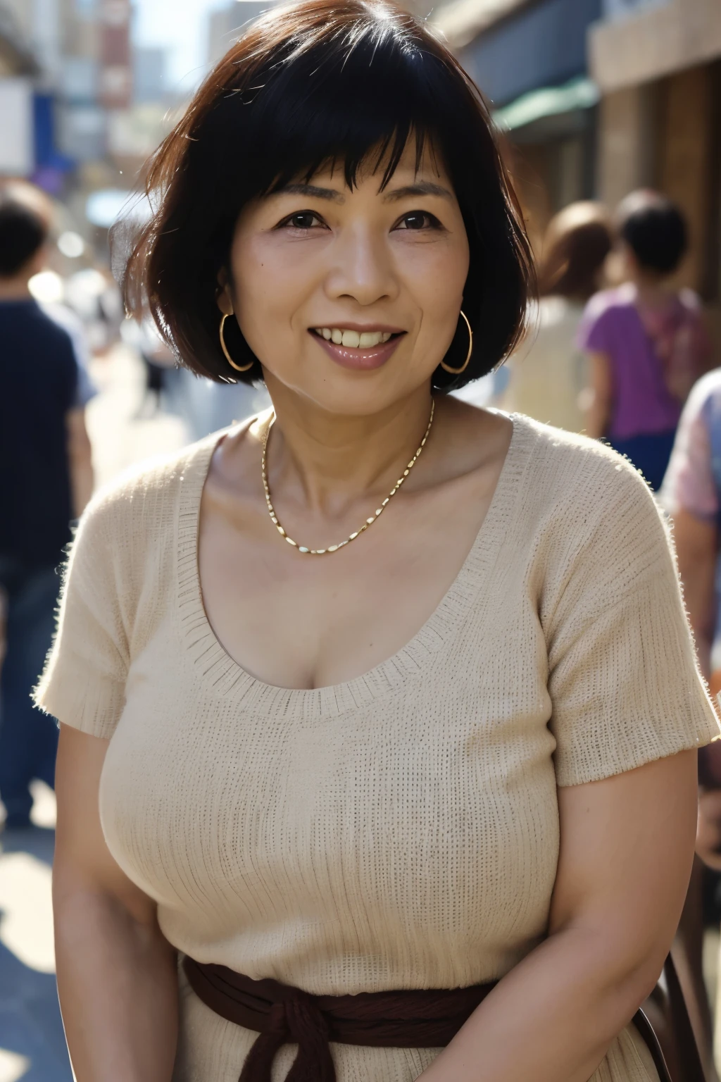 Osaka's aunt、Organic Photography、Background Bokashi, highest quality、masterpiece、Ultra-high resolution、、60 years old、Looking at the audience、、Toothy smile、Big Breasts、Wearing a short-sleeved knit、Short perm hair、、Earrings、A corner of a shopping street in Osaka, Background Blur