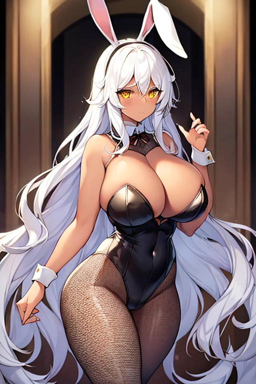 1girl, mature female, white hair, long hair, yellow eyes, dark skin, dark-skinned female, huge breasts, thick thighs, hourglass figure, fishnet, fishnet pantyhose, pantyhose, bunnysuit, white leotard, rabbit ears, shy, timid, wavy mouth, ((fishnet)), cleavage