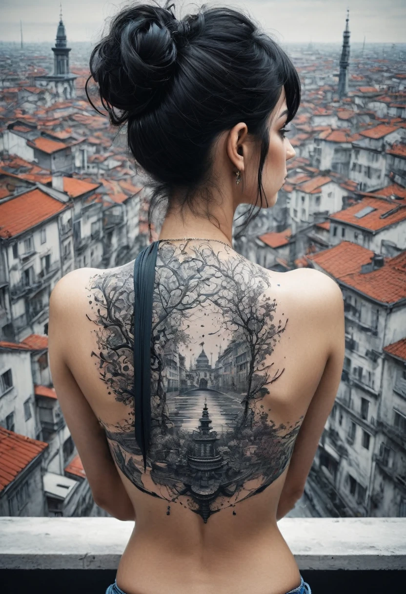 neck Tattoo, upbody, backview, from above, detailed background, by Apollonia Saintclair, best quality, masterpiece, very aesthetic, perfect composition, intricate details, ultra-detailed