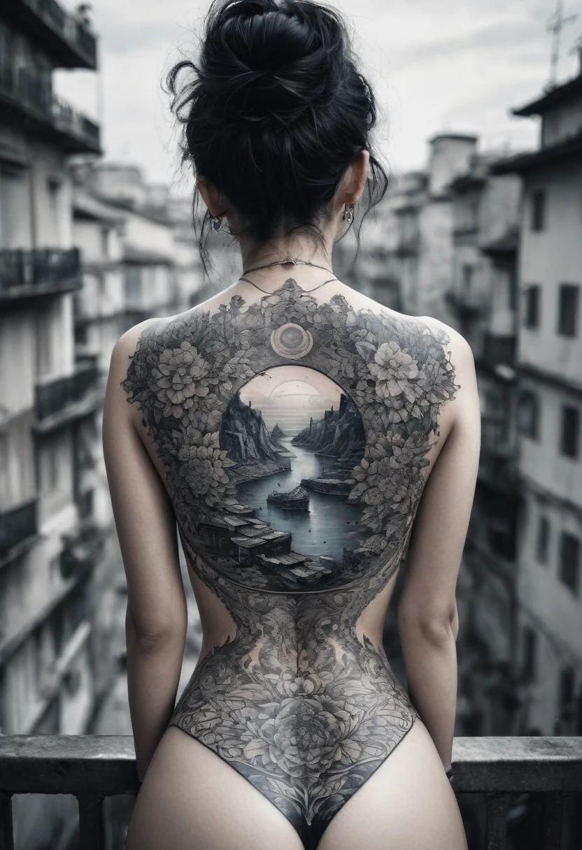 neck Tattoo, upbody, backview, from above, detailed background, by Apollonia Saintclair, best quality, masterpiece, very aesthetic, perfect composition, intricate details, ultra-detailed