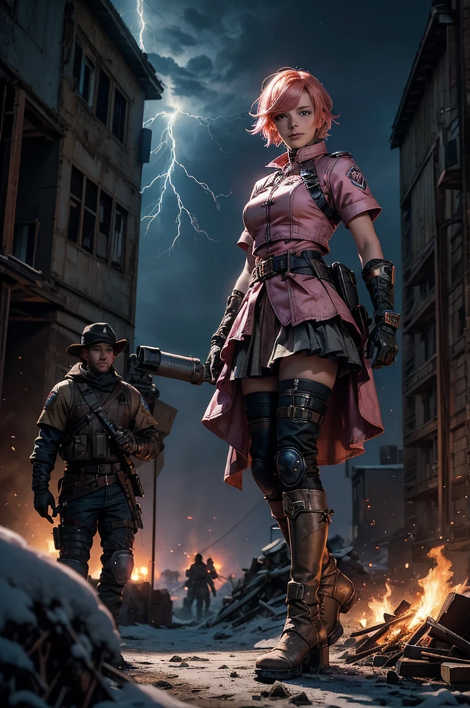  1girl,cowboy shot, beautiful nora_valkyrie, looking at viewer, smile, short hair, blue eyes, heart cutout, gloves,  jacket, pink skirt, pink belt, short sleeves, puffy sleeves, single armband, fingerless gloves, short hair, orange hair, pink gloves, dynamic pose, night, (lightning), standing on old suspension bridge, river, post-apocalypse, dystopian future, crowd, (crowd in military uniforms), snow, bonfires, (volumetric lighting), best quality, masterpiece, intricate details, tonemapping, sharp focus, hyper detailed, trending on Artstation,