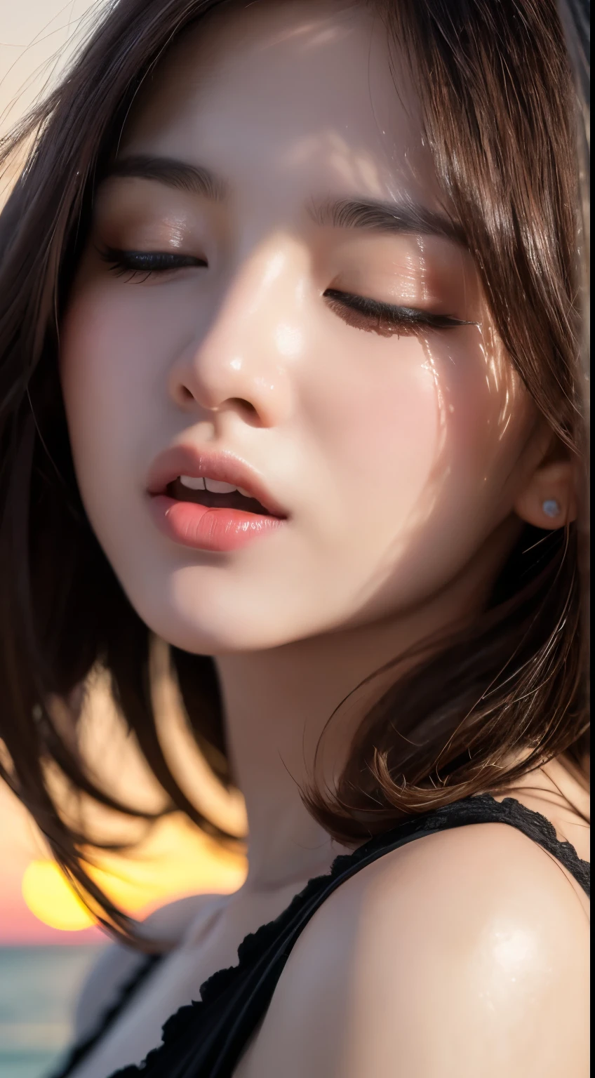 masutepiece, Best Quality, Illustration, Ultra-detailed, finely detail, hight resolution, 8K Wallpaper, Perfect dynamic composition, Beautiful detailed eyes, Wear a dress, Natural Color Lip,Beach, Random and cute poses, Kissing face,Close your eyes,Face Kiss Viewer,Perfect and beautiful face,Cute,Sexy face,Sunset,A face that felt ecstasy,Feminine face,Expression of excitement climax having sex