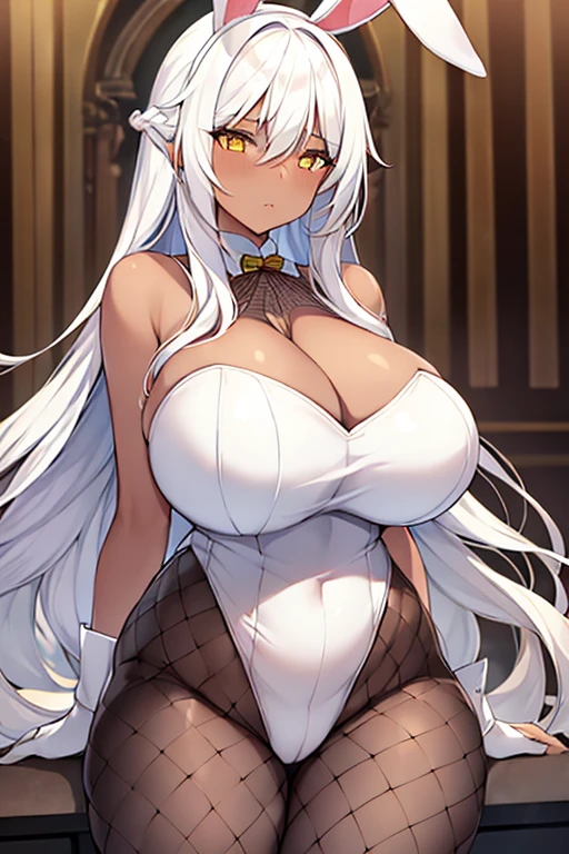 1girl, mature female, white hair, long hair, yellow eyes, dark skin, dark-skinned female, huge breasts, thick thighs, hourglass figure, fishnet, fishnet pantyhose, pantyhose, bunnysuit, white leotard, rabbit ears, shy, timid, wavy mouth, ((fishnet)), cleavage, white clothes