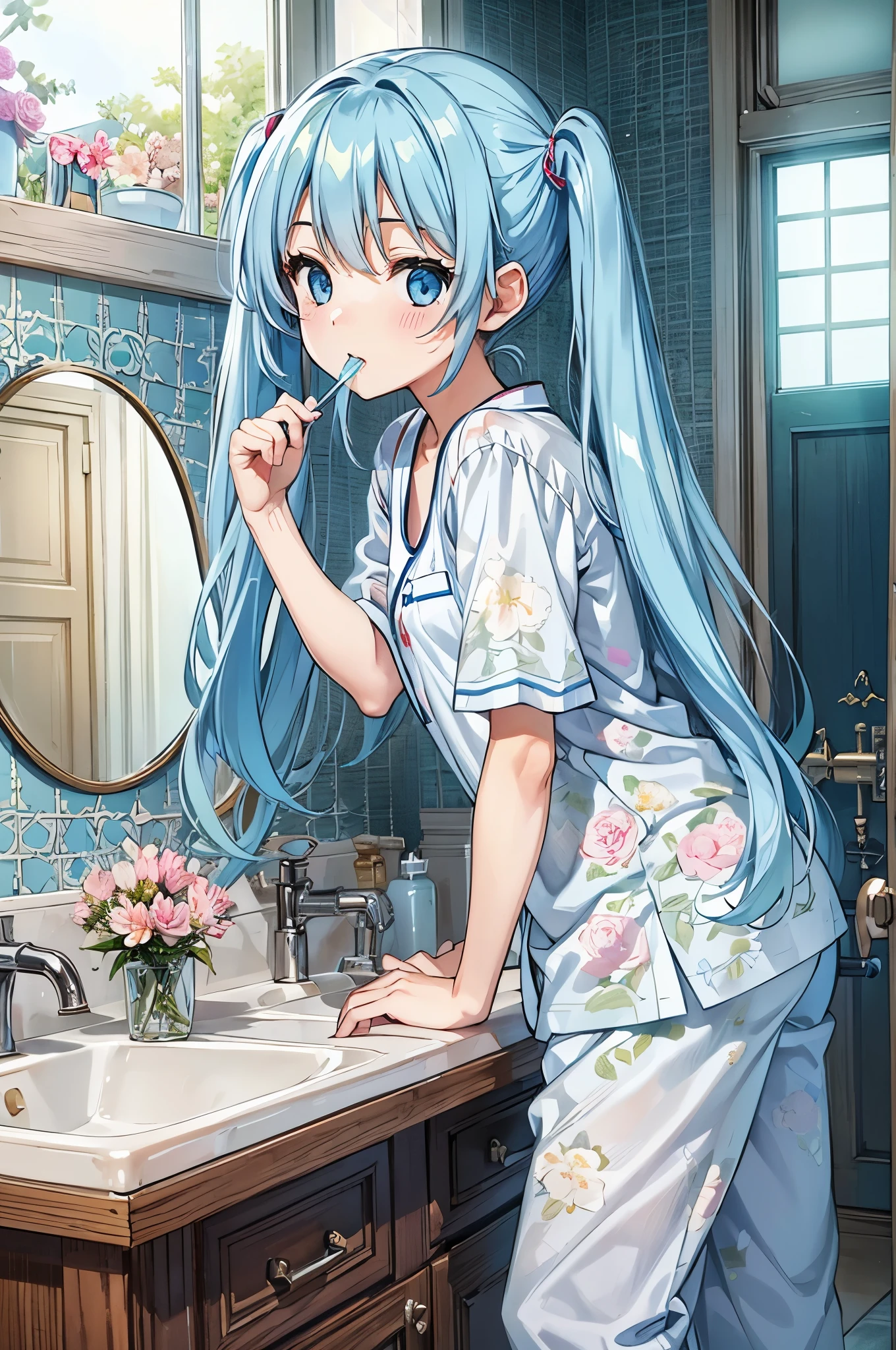 do my best to brush my teeth Light blue long hair Beautiful girl with twin tails Just woke up A bright, sunny washstand White pajamas、There are lots of flowers around