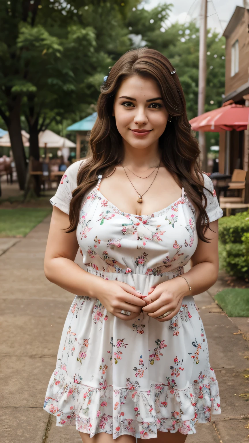 Female, Auburn , 27 years old, thick thighs, birthing hips, small waist, american , traditional, Pennsylvanian , crush, necklace, tea Dress, sweet pose, fun, fully clothed, half smile, 5ft 5 , busty, realistic picture, camera shot, pretty , realistic, styled hair, dolled up, red lips, eye shadow, (outdoor setting) (cute expression) (park background )