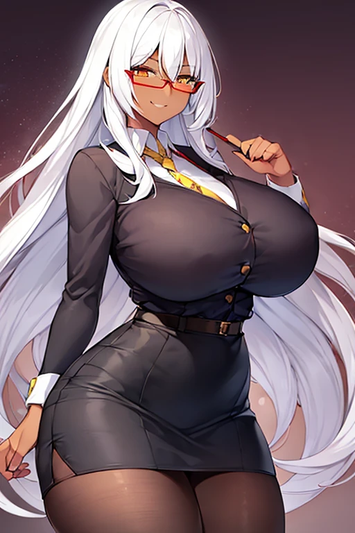 1girl, white hair, long hair, teacher, dark skin, dark-skinned female, white shirt, shirt, glasses, red glasses, yellow eyes, pencil skirt, skirt, mature female, pantyhose, black pantyhose, huge breasts, thick thighs, smile, smirk, smug