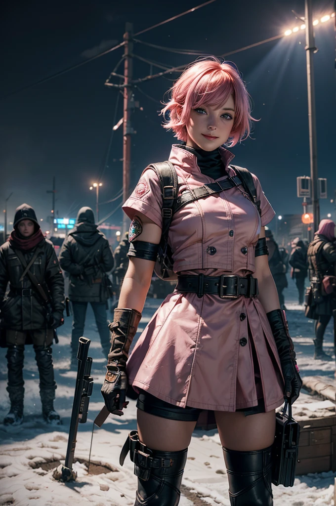 1girl,cowboy shot, beautiful nora_valkyrie, looking at viewer, smile, short hair, blue eyes, heart cutout, gloves, jacket, pink skirt, pink belt, short sleeves, puffy sleeves, single armband, fingerless gloves, short hair, orange hair, pink gloves, dynamic pose, night, (lightning), standing on old suspension bridge, river, post-apocalypse, dystopian future, crowd, (crowd in military uniforms), snow, bonfires, (volumetric lighting), best quality, masterpiece, intricate details, tonemapping, sharp focus, hyper detailed, trending on Artstation,