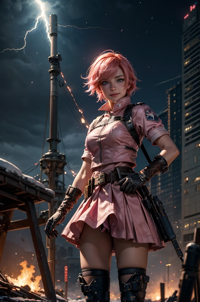  1girl,cowboy shot, beautiful nora_valkyrie, looking at viewer, smile, short hair, blue eyes, heart cutout, gloves,  jacket, pink skirt, pink belt, short sleeves, puffy sleeves, single armband, fingerless gloves, short hair, orange hair, pink gloves, dynamic pose, night, (lightning), standing on old suspension bridge, river, post-apocalypse, dystopian future, crowd, (crowd in military uniforms), snow, bonfires, (volumetric lighting), best quality, masterpiece, intricate details, tonemapping, sharp focus, hyper detailed, trending on Artstation,