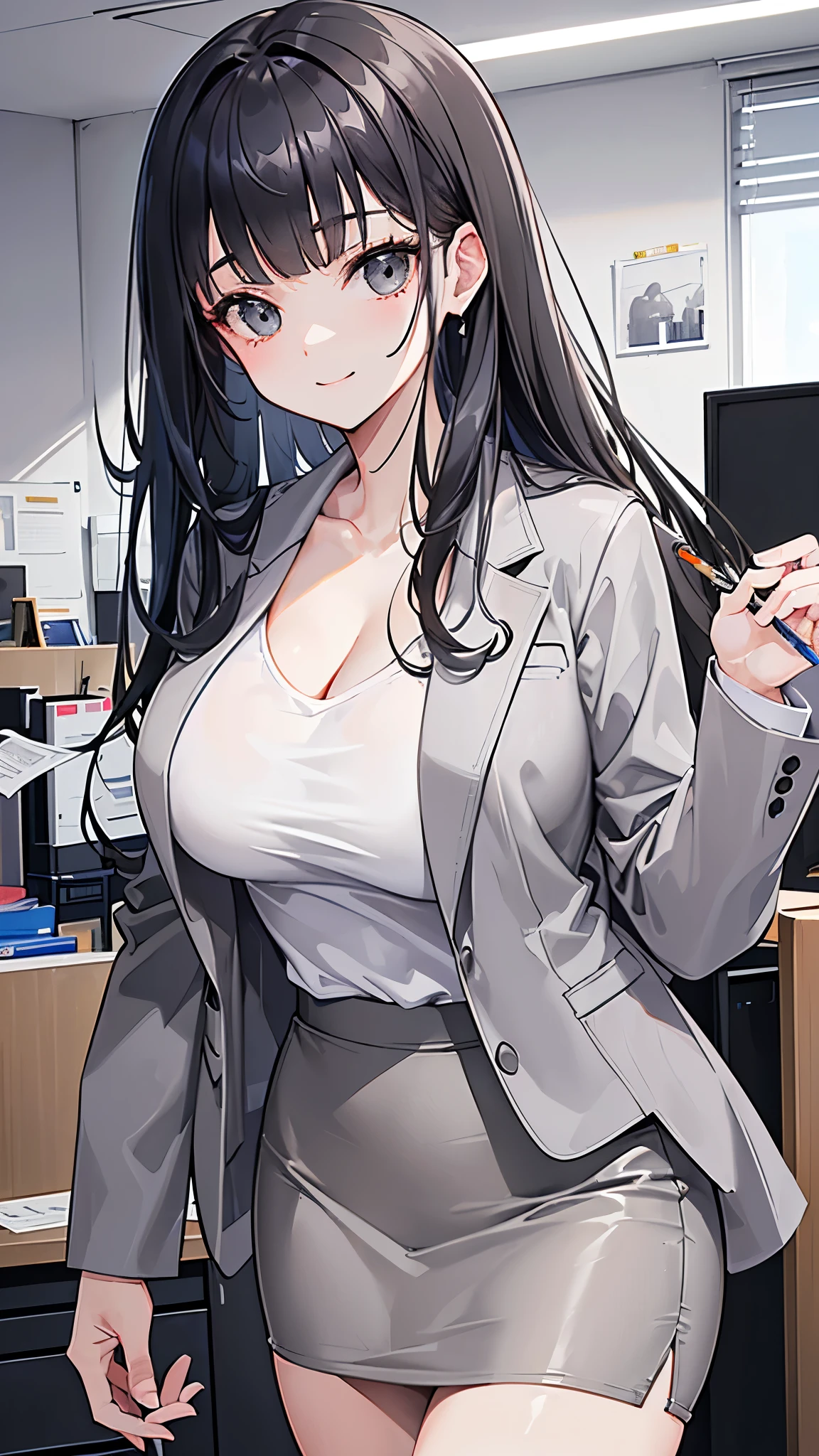 (8k、Best image quality、highest quality、masterpiece)、Detailed face、 1 girl、Black Hair、Long Hair、Blunt bangs、smile、((Very large breasts))、((Grey suit jacket:1.2))、(White T-shirt))、Cleavage、((Grey pencil skirt:1.2))、Cowboy Shot、office、((Dark Room:1.2))
