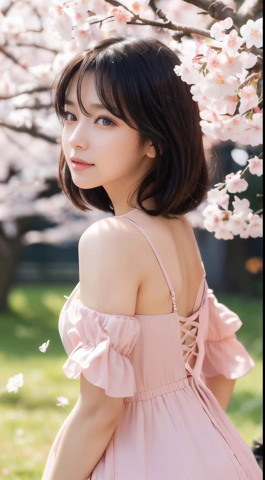 (logo、masterpiece、8k、Tabletop、RAW Photos、wonderful、最high quality、Photorealistic and Very detailed CG integrated 8k wallpaper、high quality、Very detailed、narrative poem、Particle Effects、Dynamic Effects、Depth of written boundary、Cinematic Light、Lens flare、Ray Tracing)、Fantasy、 (1 beauty、dress、dress、Cherry blossom pattern、Black-haired、Beautiful Face、True Face、Beautiful details、eye、Beautiful Skin)、my hair dances in Wind、Hair flutters in Wind、Hair bounces、Pink cherry blossom tree、Petals flutter、SakuraFubuki、wonderful景色、Morning Glow、Sun in the background、Wind、