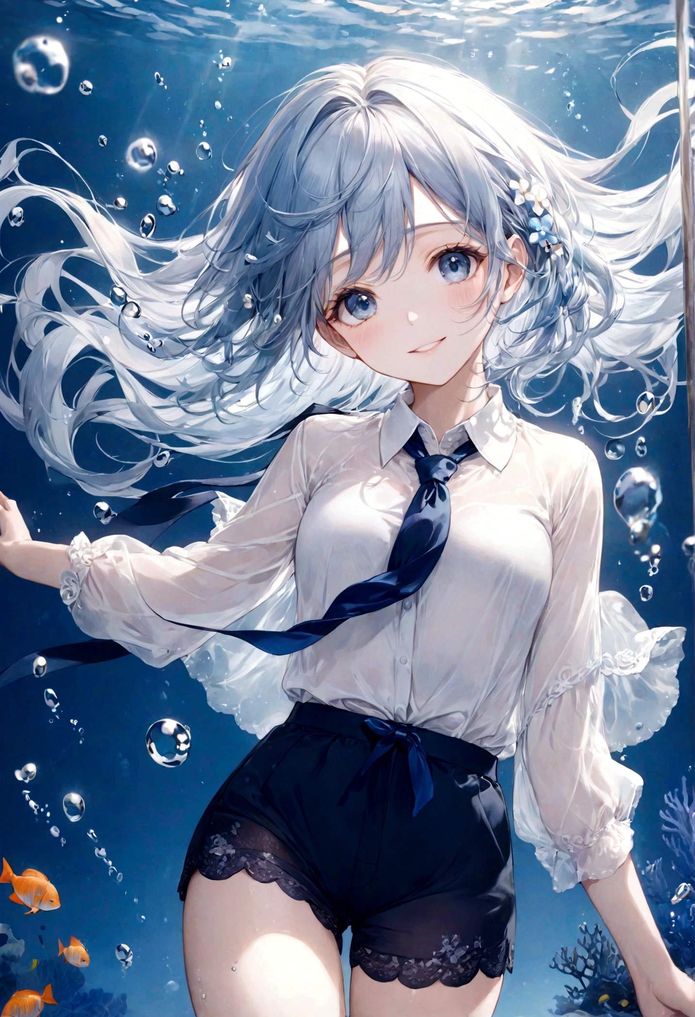 (top-quality)), ((​masterpiece)), ((ultra-detailliert)), (extremely delicate and beautiful), bright sky blue hair, watery hair, bright sapphire eyes, fair skin, beautiful woman, sheer white shirt, sheer silky navy blue shorts, navy blue ribbon tie, pearl decorations, underwater world, cold background, air bubbles, water bubbles, underwater, sweet smile, relaxed expression, delicate wavy long hair, blue and white flowers in the water