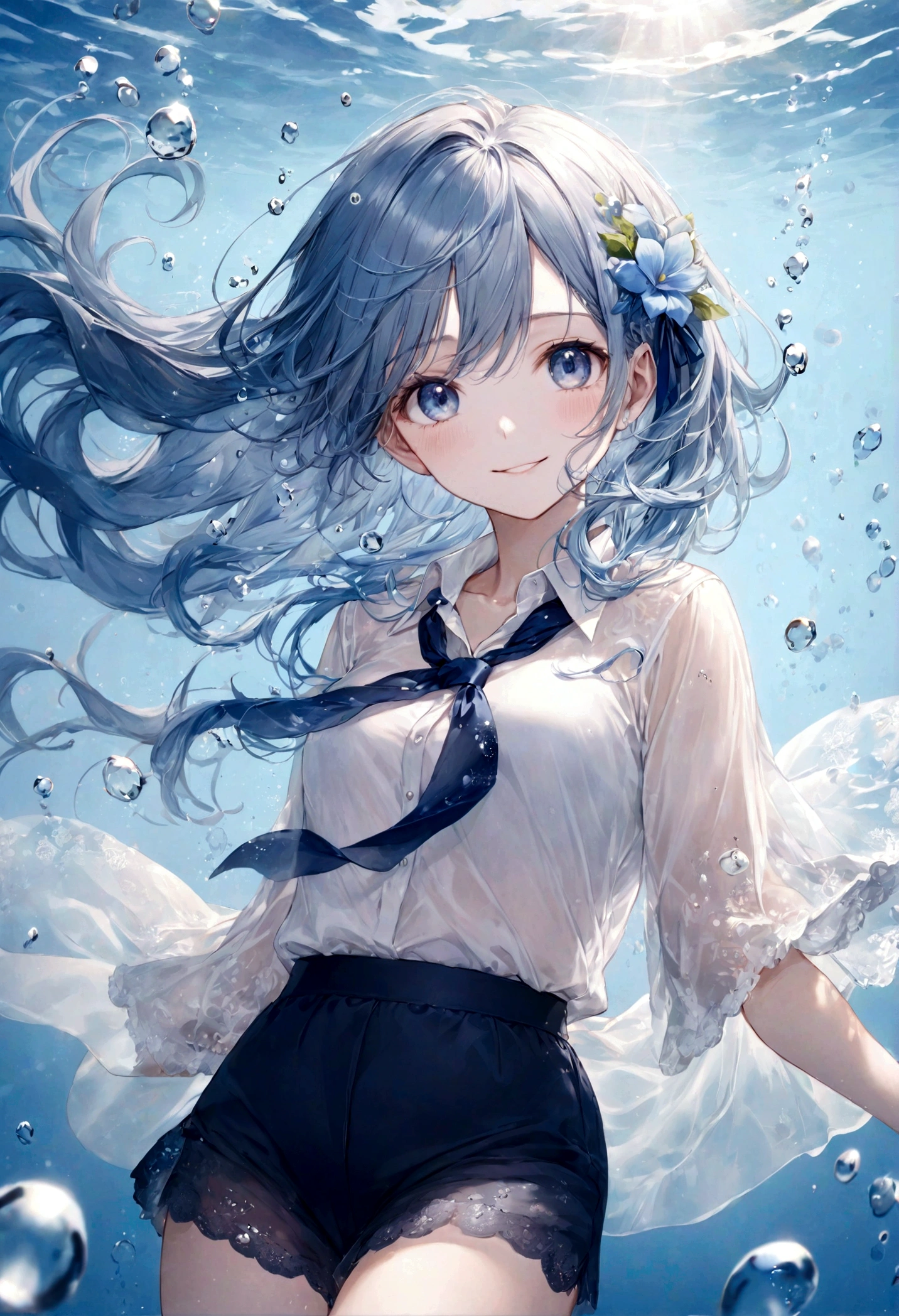 (top-quality)), ((masterpiece)), ((ultra-detailliert)), (extremely delicate and beautiful), bright sky blue hair, watery hair, bright sapphire eyes, fair skin, beautiful woman, sheer white shirt, sheer silky navy blue shorts, navy blue ribbon tie, pearl decorations, underwater world, cold background, air bubbles, water bubbles, underwater, sweet smile, relaxed expression, delicate wavy long hair, blue and white flowers in the water