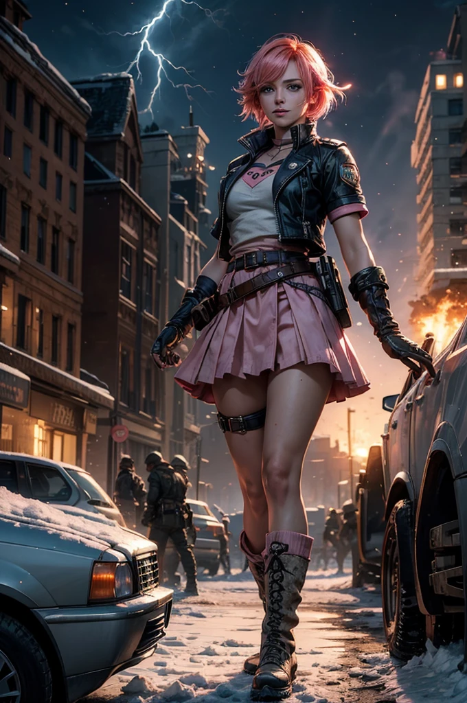 1girl,cowboy shot, beautiful nora_valkyrie, looking at viewer, smile, short hair, blue eyes, heart cutout, gloves, jacket, pink skirt, pink belt, short sleeves, puffy sleeves, single armband, fingerless gloves, short hair, orange hair, pink gloves, dynamic pose, night, (lightning), standing on old suspension bridge, river, post-apocalypse, dystopian future, crowd, (crowd in military uniforms), snow, bonfires, (volumetric lighting), best quality, masterpiece, intricate details, tonemapping, sharp focus, hyper detailed, trending on Artstation,