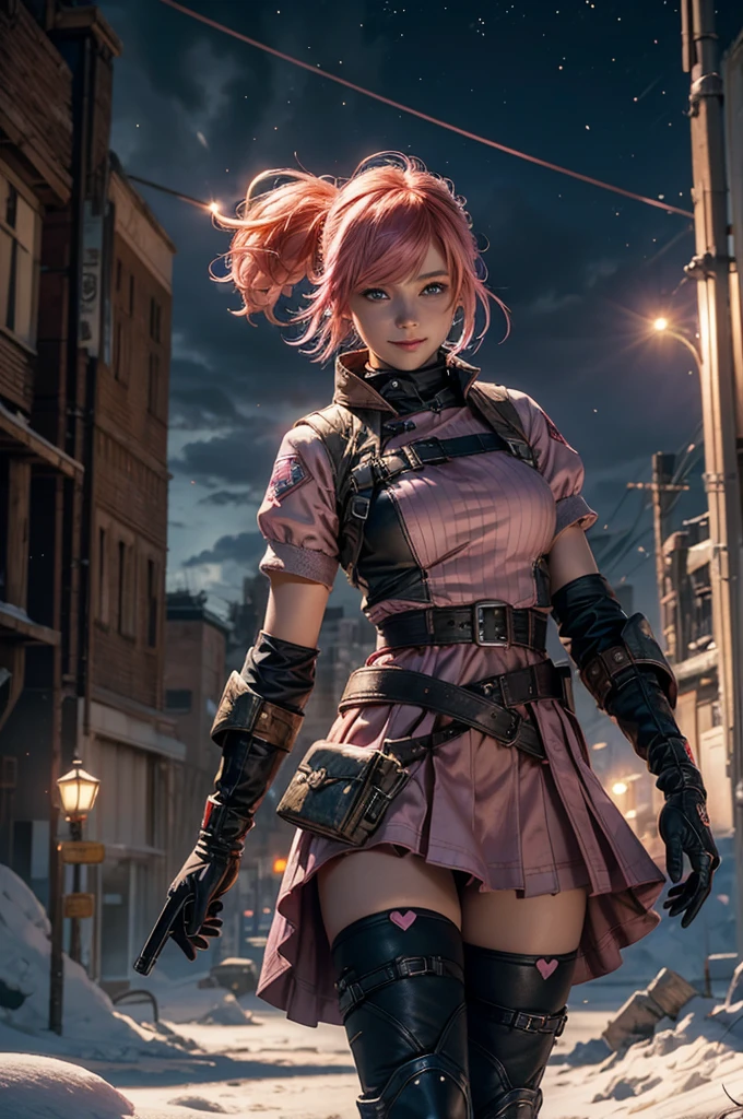  1girl,cowboy shot, beautiful nora_valkyrie, looking at viewer, smile, short hair, blue eyes, heart cutout, gloves,  jacket, pink skirt, pink belt, short sleeves, puffy sleeves, single armband, fingerless gloves, short hair, orange hair, pink gloves, dynamic pose, night, (lightning), standing on old suspension bridge, river, post-apocalypse, dystopian future, crowd, (crowd in military uniforms), snow, bonfires, (volumetric lighting), best quality, masterpiece, intricate details, tonemapping, sharp focus, hyper detailed, trending on Artstation,