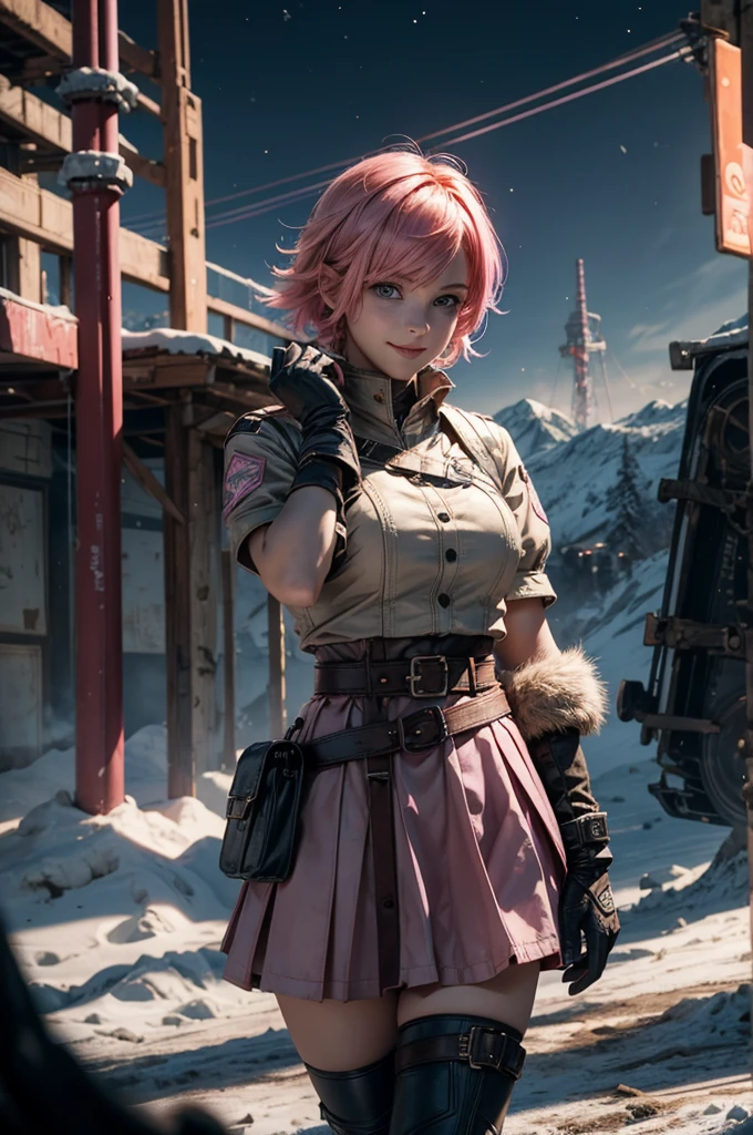 1girl,cowboy shot, beautiful nora_valkyrie, looking at viewer, smile, short hair, blue eyes, heart cutout, gloves, jacket, pink skirt, pink belt, short sleeves, puffy sleeves, single armband, fingerless gloves, short hair, orange hair, pink gloves, dynamic pose, night, (lightning), standing on old suspension bridge, river, post-apocalypse, dystopian future, crowd, (crowd in military uniforms), snow, bonfires, (volumetric lighting), best quality, masterpiece, intricate details, tonemapping, sharp focus, hyper detailed, trending on Artstation,