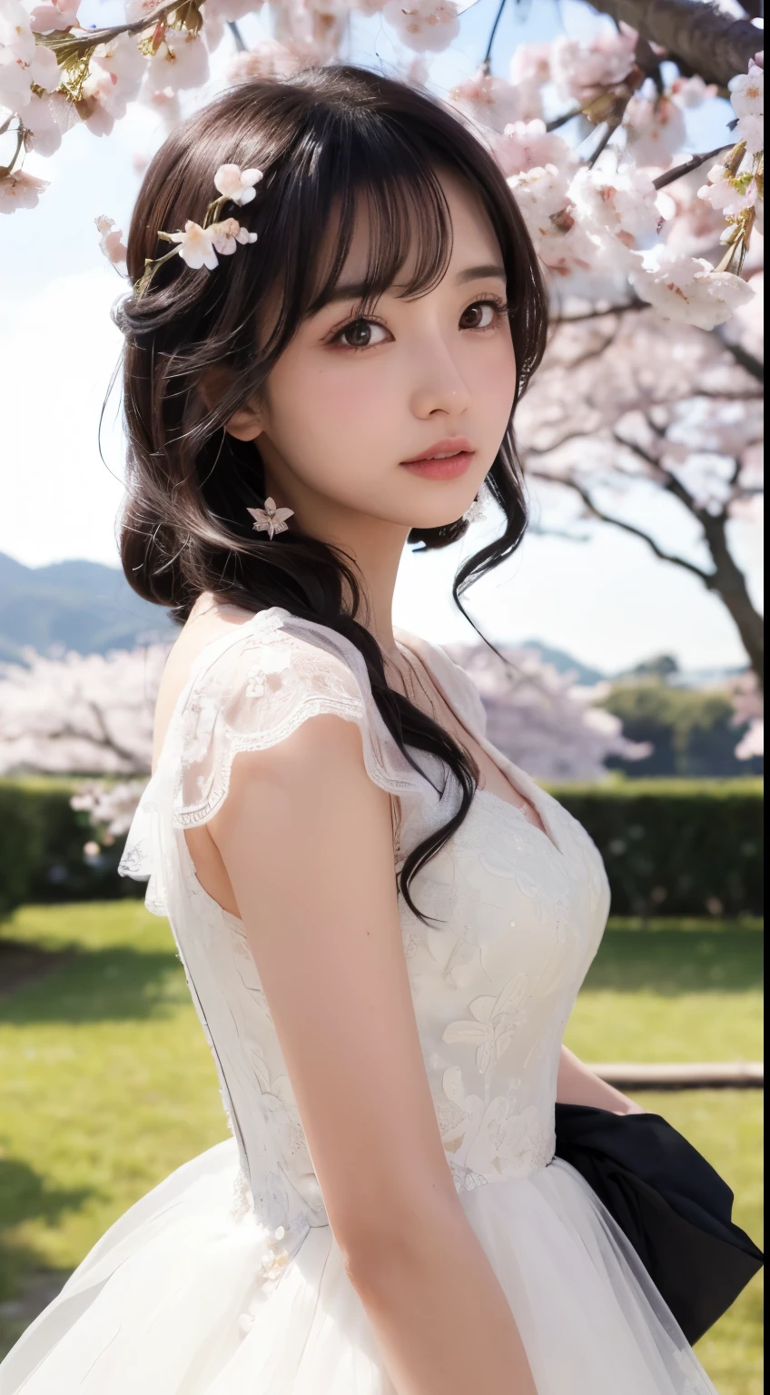 (logo、masterpiece、8k、Tabletop、RAW Photos、wonderful、最high quality、フォトリアリスティックでVery detailedな CG 統合 8k 壁紙、high quality、Very detailed、narrative poem、Particle Effects、Dynamic Effects、Depth of written boundary、Cinematic Light、Lens flare、Ray Tracing)、Fantasy、 (1 beauty、dress、dress、Cherry blossom pattern、Black-haired、Beautiful Face、True Face、Beautiful details、eye、Beautiful Skin)、髪がWindで踊る、Hair flutters in Wind、Hair bounces、Pink cherry blossom tree、Petals flutter、SakuraFubuki、wonderful景色、Morning Glow、Sun in the background、Wind、