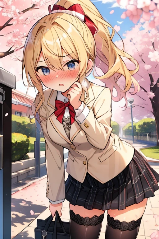 ((( masterpiece, highest quality))), ((girl)),、Browsing Caution、at close range、cute、blonde、Long Hair、Curly Ponytail、White Blazer、Checked skirt、Put your hands on your crotch:1.4、Knee socks vibrator thighvibe, Black lace panties、Life、anger、anger look、anger、((close)), ((Blushed)),,,Sweat、Perfect lighting、Natural light、Perfect composition、school gate、cherry blossoms